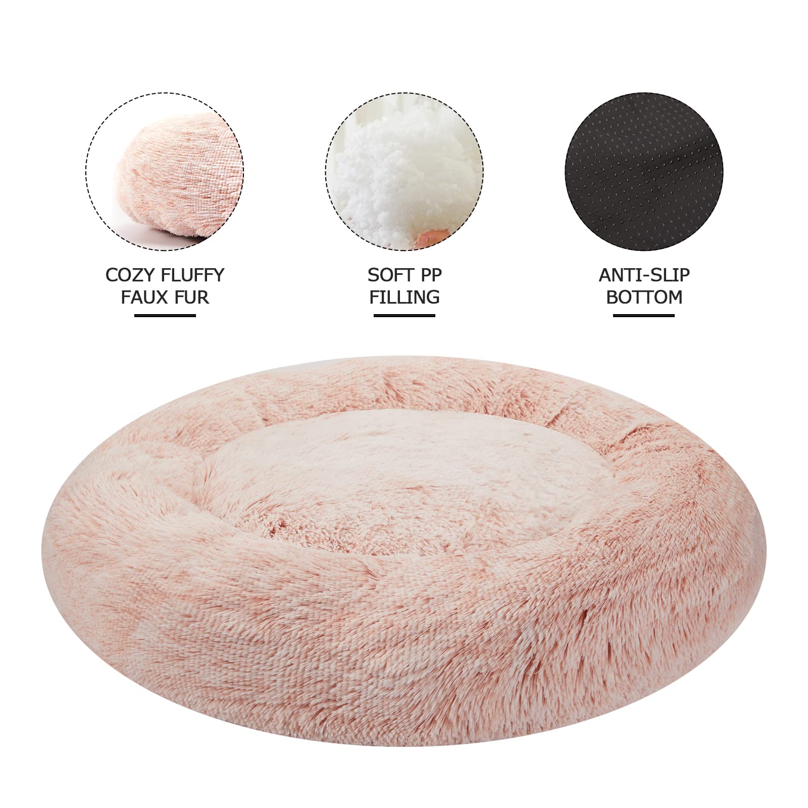Bedfolks Calming Donut Dog Bed Cat Bed, 23 Inches Round Fluffy Dog Beds For Small Dogs, Machine Washable Anti-Anxiety Plush Pupp