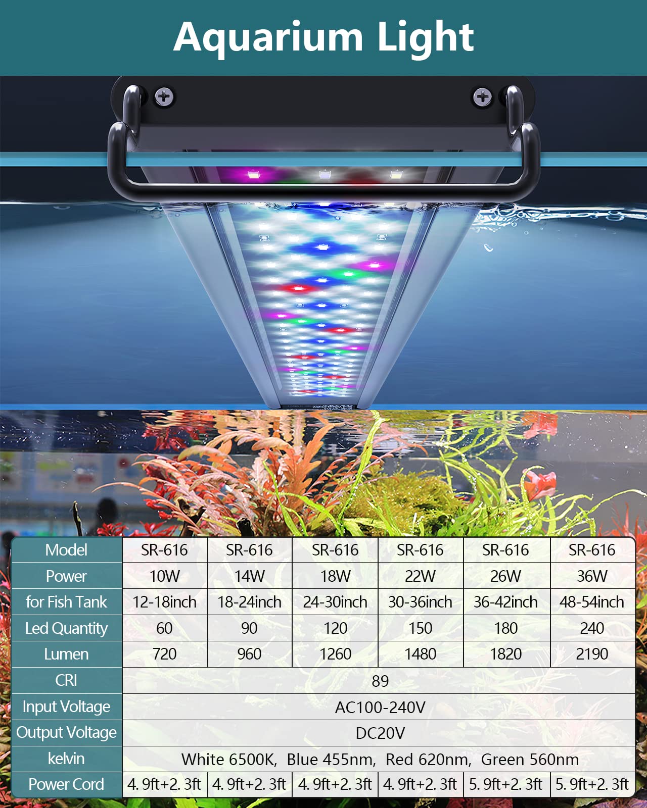 Seaoura Led Aquarium Light For Plants-Full Spectrum Fish Tank Light With Timer Auto On/Off, 48-54 Inch, Adjustable Brightness, White Blue Red Green Pink Leds With Extendable Brackets For Freshwater