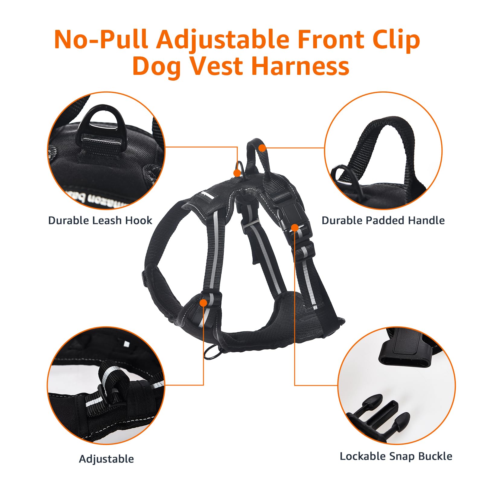 Amazon Basics No-Pull Dog Harness, Adjustable Soft Padded Vest With Reflective Stripes, Large, Black