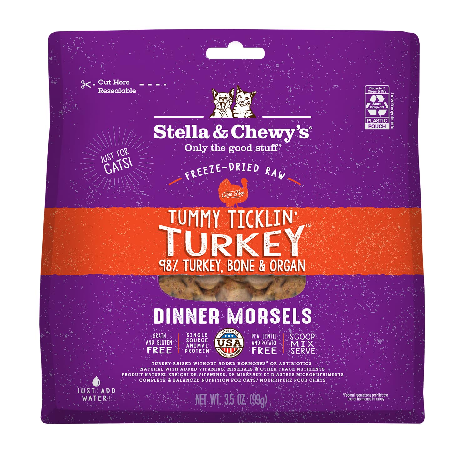 Stella & Chewys Freeze-Dried Raw Cat Dinner Morsels - Grain Free, Protein Rich Cat & Kitten Food - Tummy Ticklin Turkey Recipe -