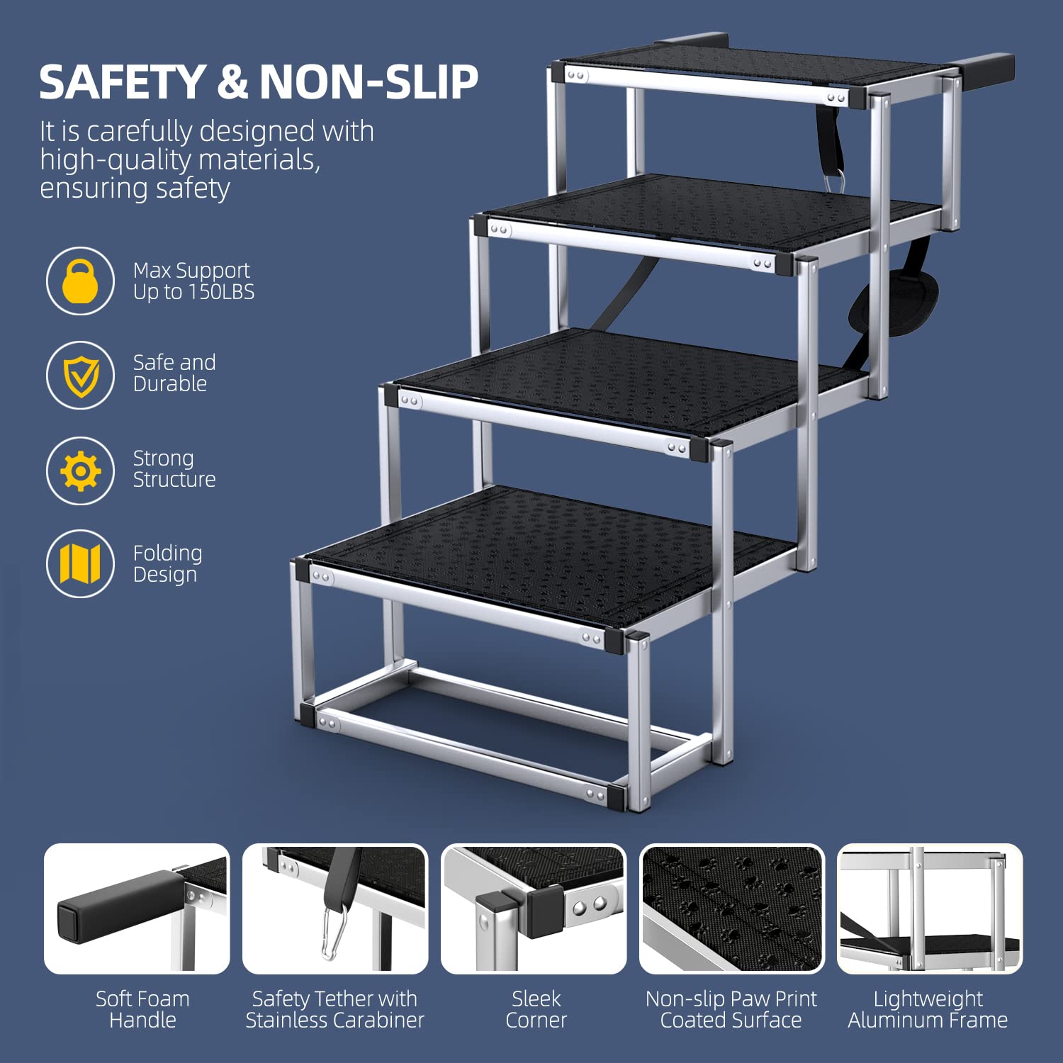 Petruna Dog Stairs For Car, Foldable Dog Ramp For Car With Non-Slip Surface, Portable Dog Stairs Aluminum Dog Steps For Cars And Suv, High Beds, Truck, Supports Up To 250 Lbs, 4 Steps