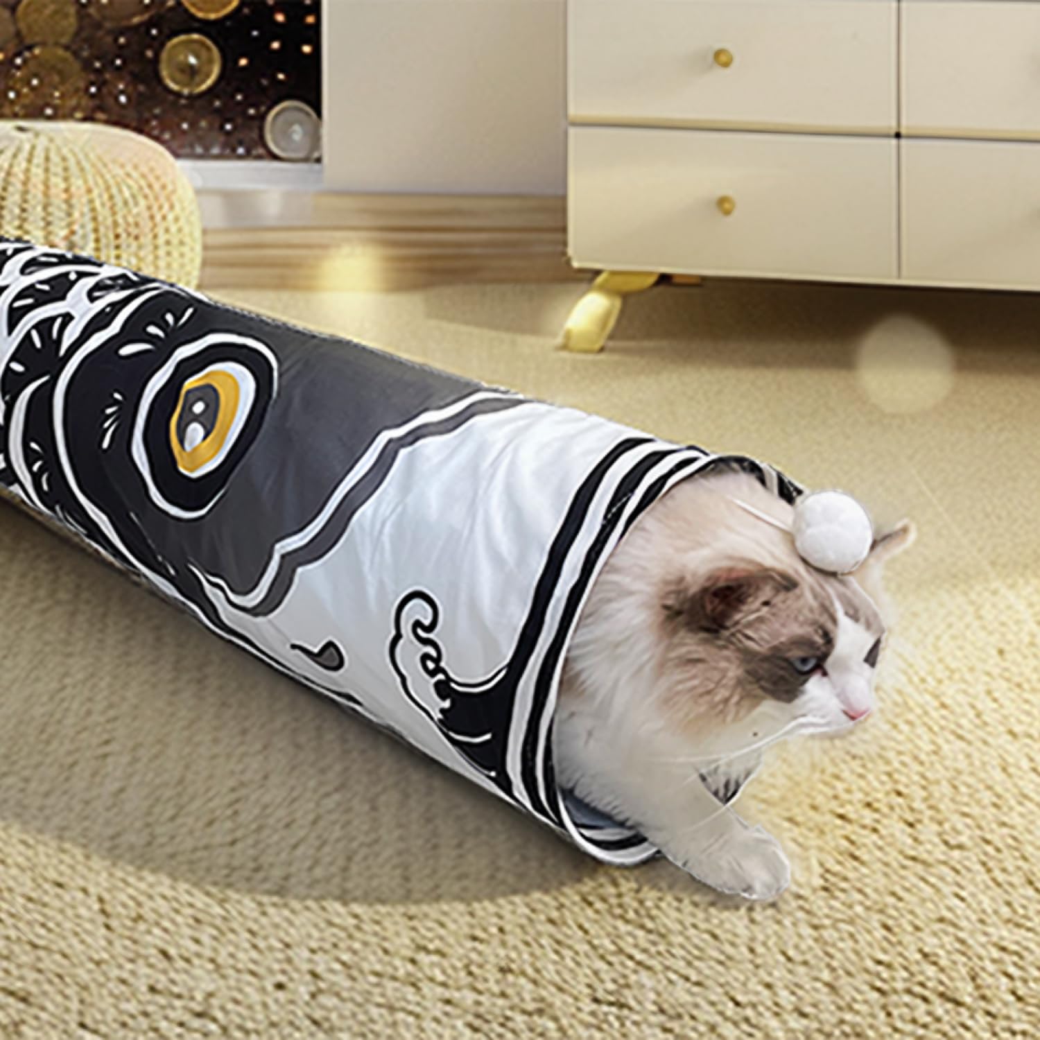 Dsumky Cat Tunnel With Fish Design, Plush Toy Ball, Easy To Clean, Collapsible, Hide & Seek Play, Self-Entertainment Toy (Radian