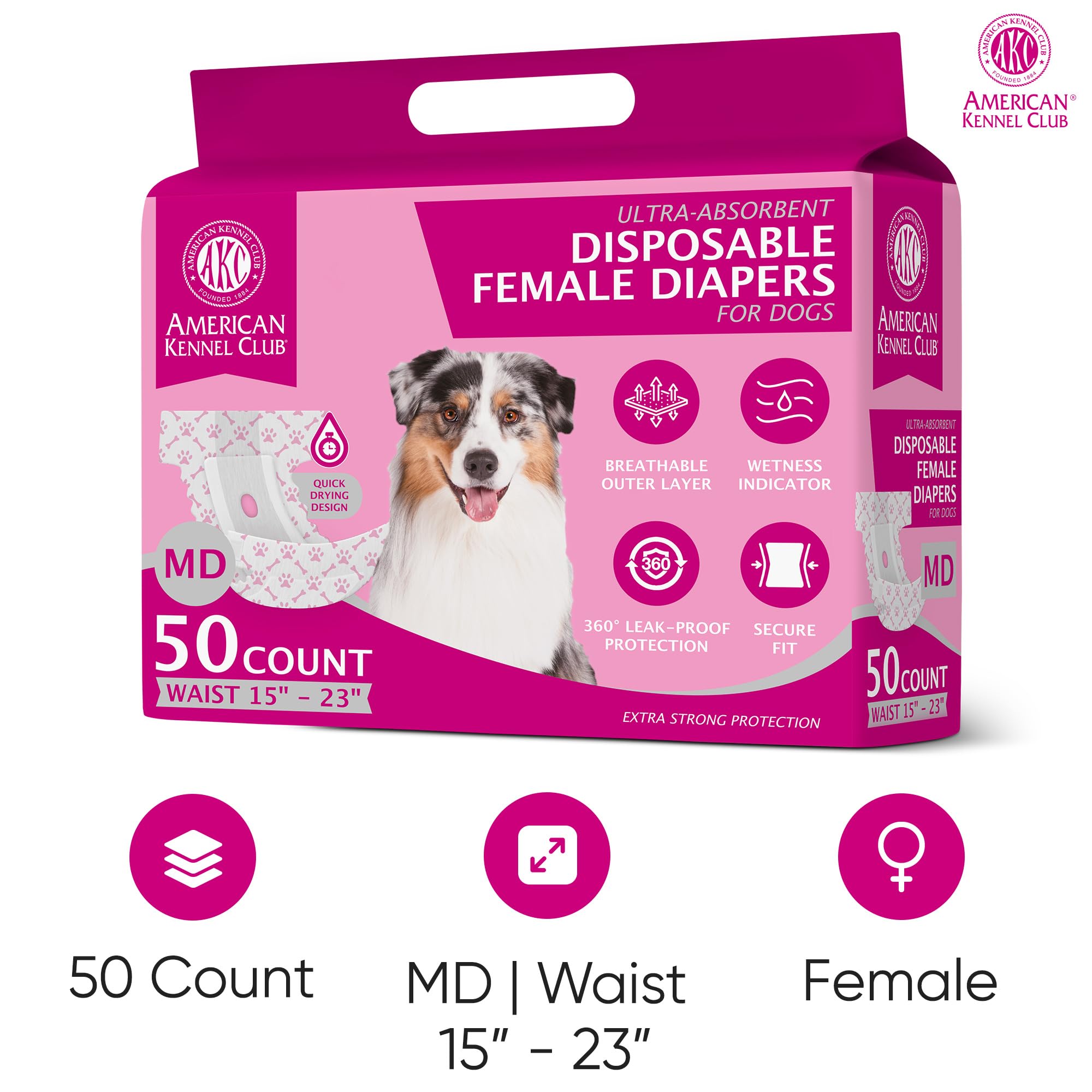 American Kennel Club Disposable Dog Diapers, Medium (15-23 in), Quick-Drying Material, 1-Pack, Wetness Indicator, Model AKC70016