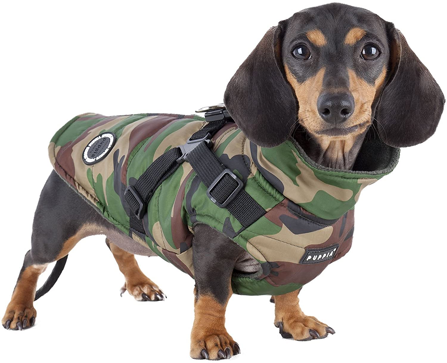 Puppia Mountaineer Winter Dog Coat With Integrated Harness No Pull Cold Weather Waterproof Warm Fleece Back Zipper For Small & Medium Dog, Camo, Large