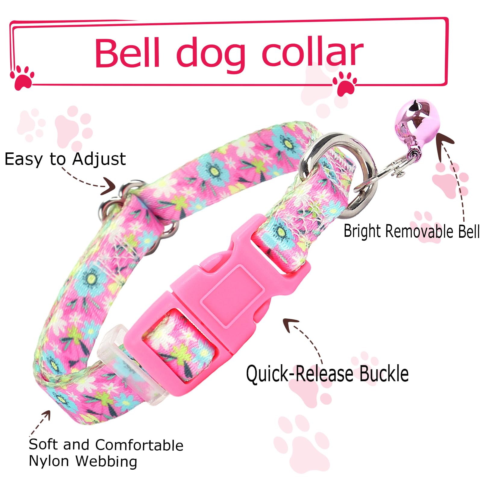 Small Dog Collar With Bell - Durable Nylon Collar For Small Breeds, Adjustable Flower Pattern Collar For Chihuahua Pomeranian Yo