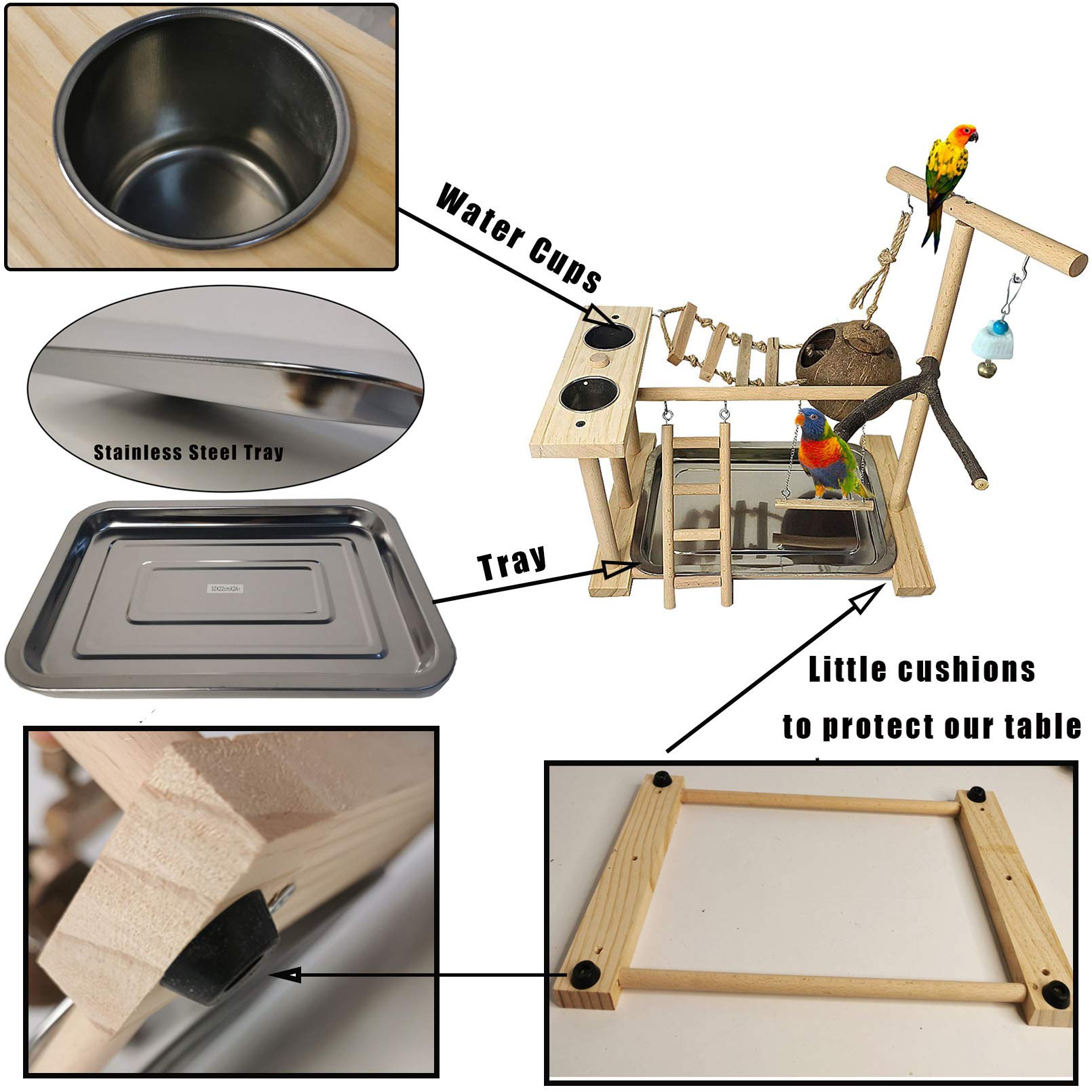 Parakeet Playground Bird Play Stand Natural Wood Perch Gym Parrots Nest Climb Swing Ladders With Feeder Cups Lovebirds Cage Accessories Toy Exercise Activity For Conure Cockatiel Lovebirds