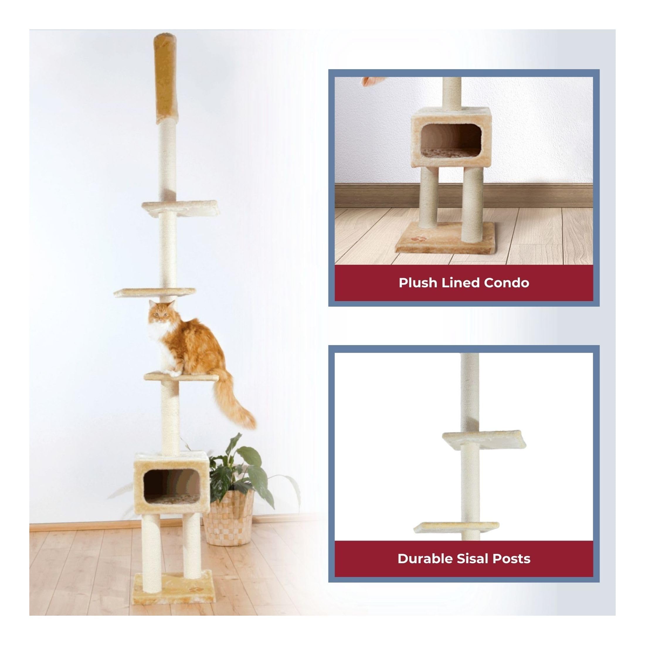 Trixie Santander Floor To Ceiling Cat Tower, Adjustable 96'-108' Height Sisal Cat Scratcher, Cat Condo, Platforms