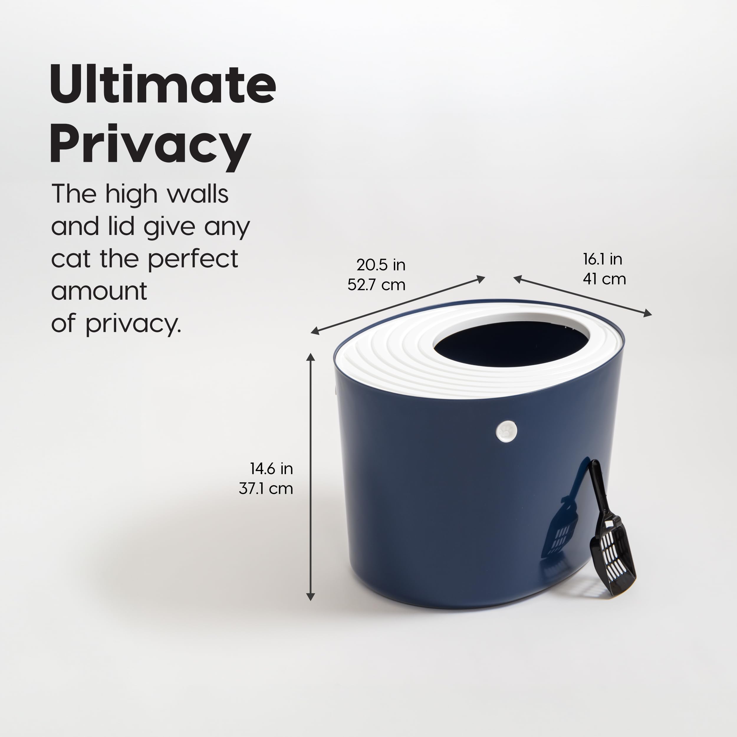 IRIS USA Top Entry Cat Litter Box - Stylish Navy/White Plastic Enclosure with Scoop, Model 553321