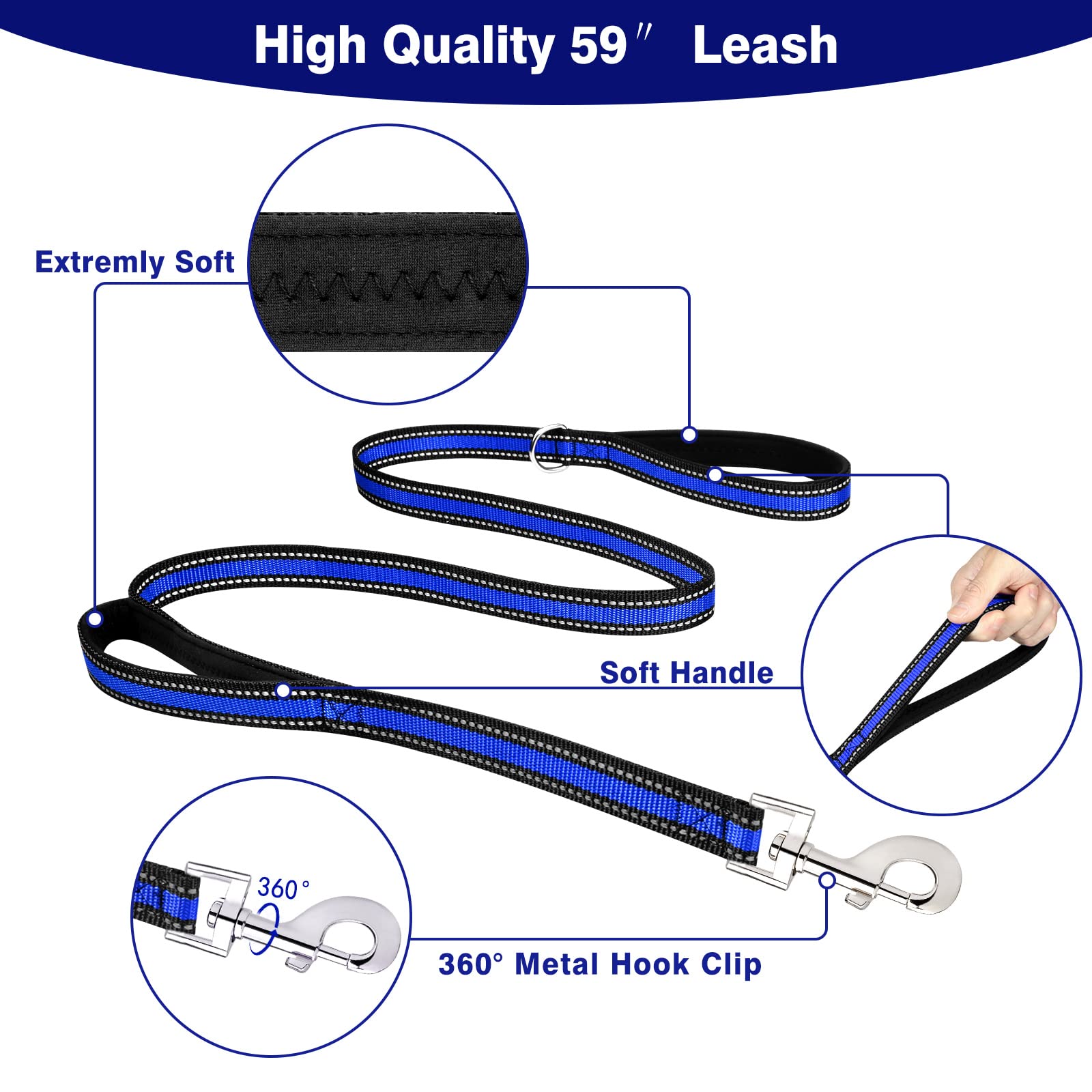 Winsee All-In-One Reflective Dog Harness, Collar & Leash Set, No Pull With Adjustable Buckles, X-Large, Dark Blue