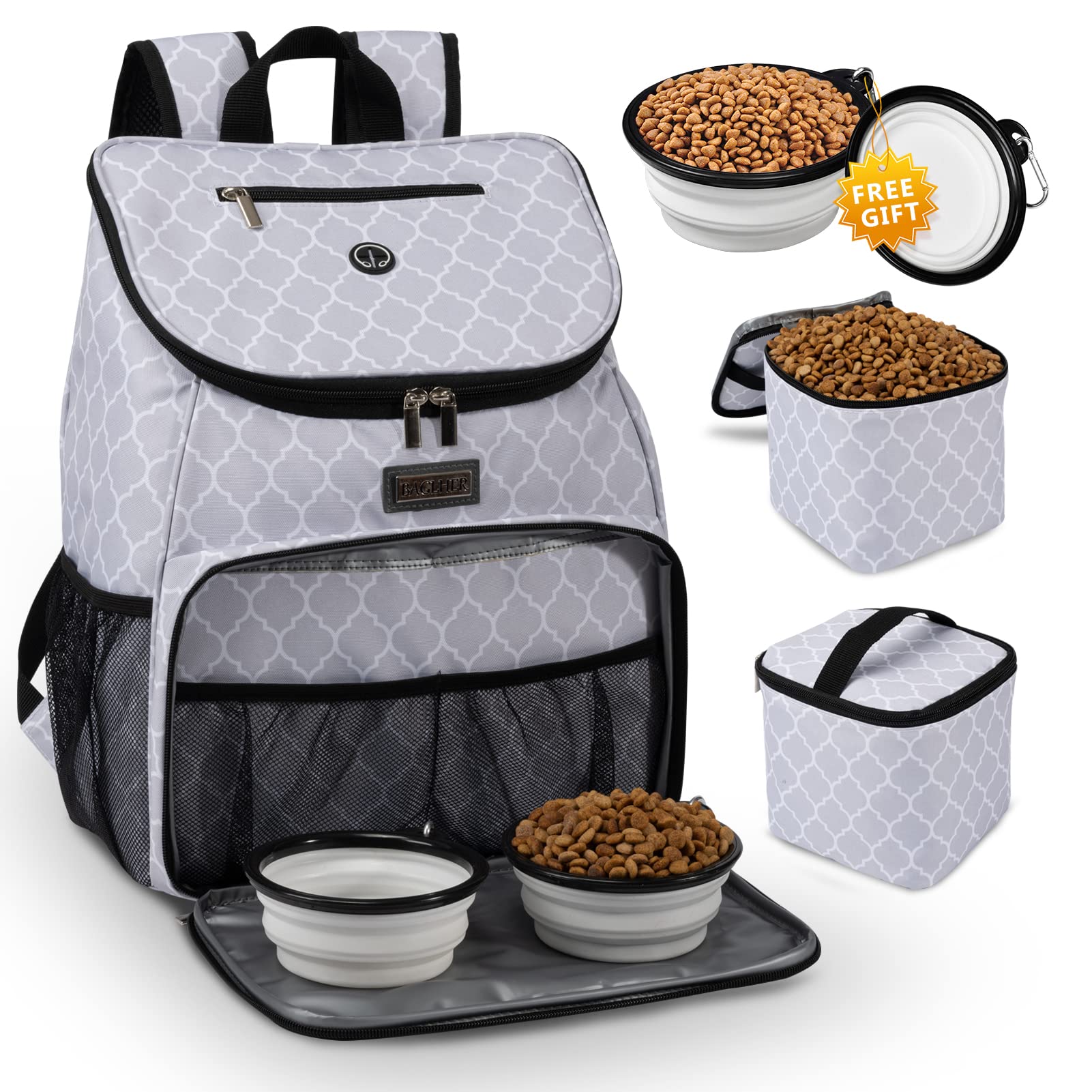 BAGLHER?Dog Travel Bag, Airline Approved Pet Supplies Backpack, Dog Travel Backpack with 2 Silicone Collapsible Bowls and 2 Food