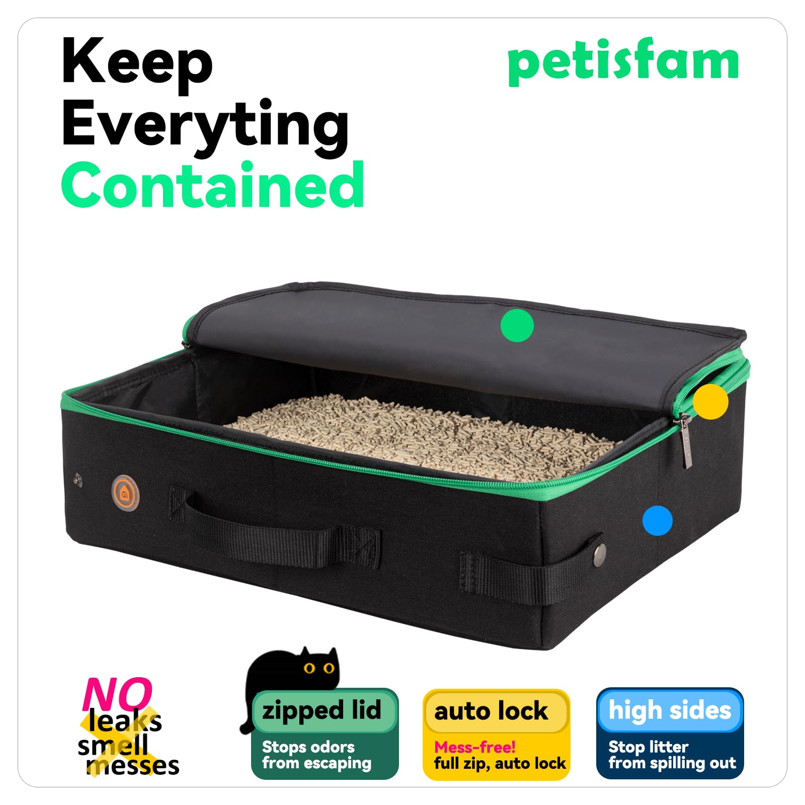 petisfam Portable Travel Litter Box for Cats with Lid to Contain Litter and Odor. Easy to Carry, Clean and Store. Easy for Car T