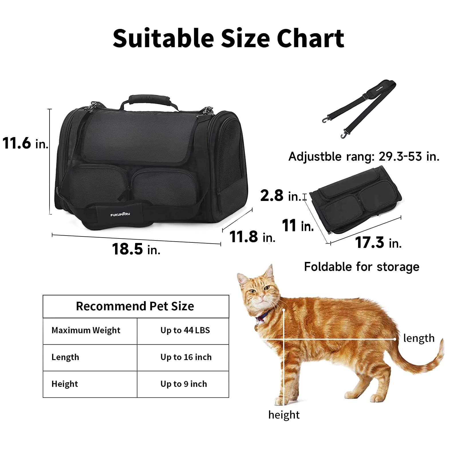 FUKUMARU Cat Carrier Airline Approved, Soft Sided Dog Carrier, Collapsible Cat Travel Bag, Under 44 lb Small Medium Large Pet Ca