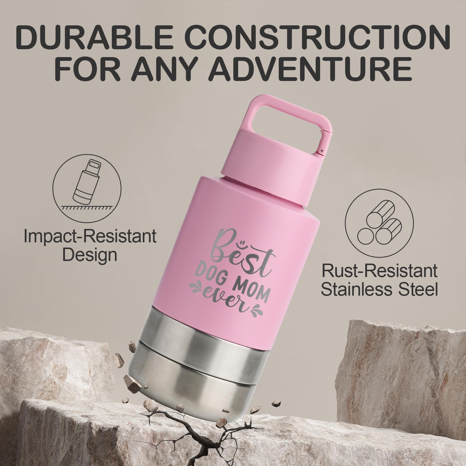 KEWIXY Insulated Dog Travel Water Bottle Dispenser, 32 Oz, Stainless Steel, Pink: Best Dog Mom, Model HD-010-TX