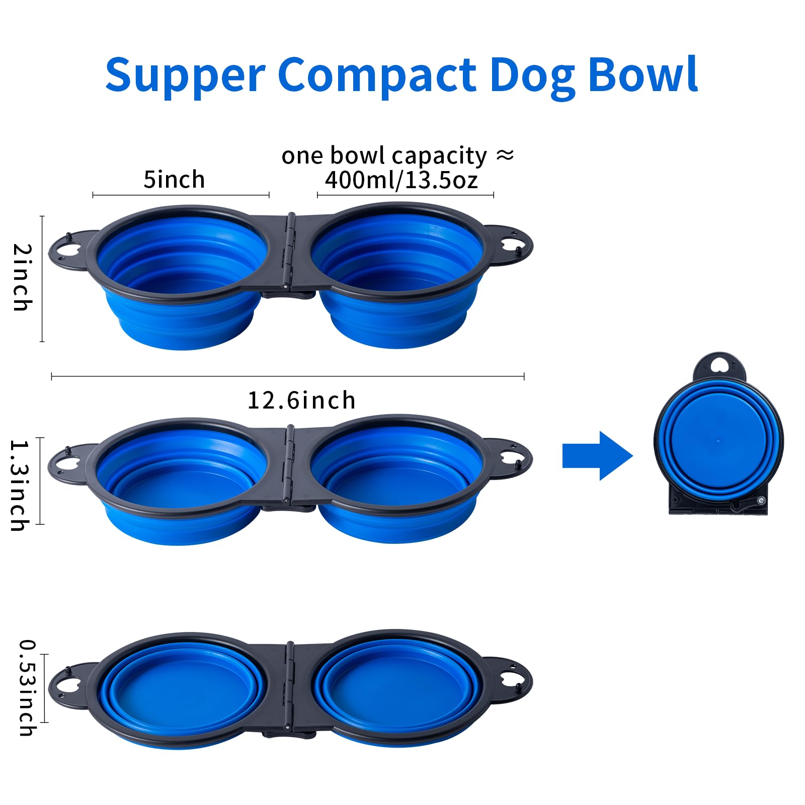 SLSON Collapsible Dog Dual Bowls Reinforced Rim 180 Degrees Flip Over Foldable Double Bowl with Lock Clips More Stable Dog Trave