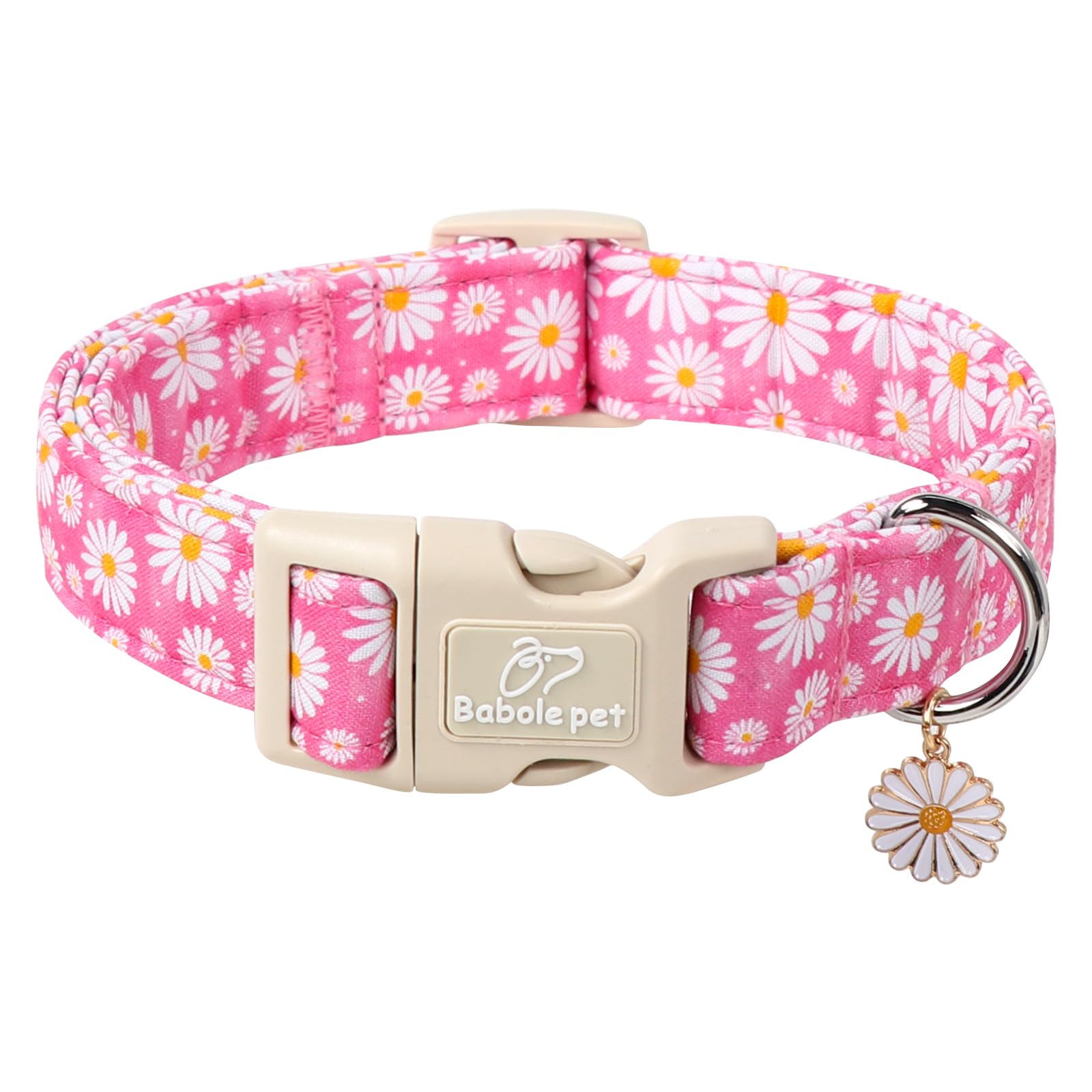 Babole Pet Summer Daisy Dog Collar, Cute Floral Adjustable Pink Dog Collars For Small Dogs, Lightweight Quick-Release Buckle Col