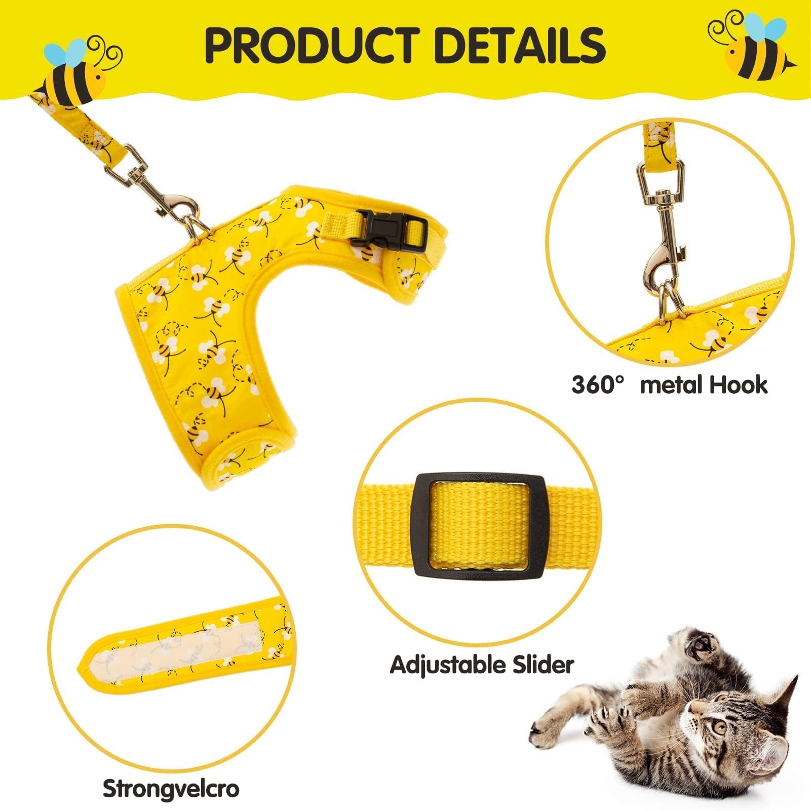 Bingpet Cat Harness With Leash And Collar For Walking - Escape Proof With 59 Inches Leash - Adjustable Soft Vest Harnesses For M