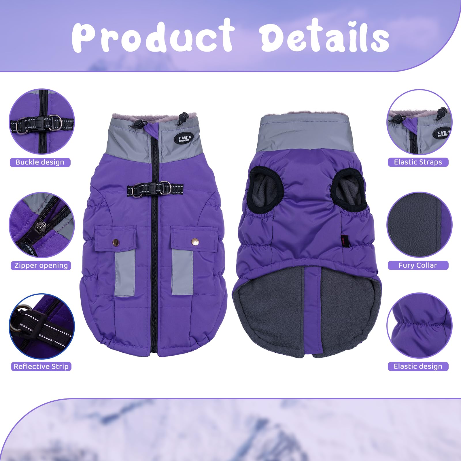 Gyuzh Dog Jacket With Faux Fur Collar, Winter Reflective Coat With Pockets For Small/Medium/Large Dogs (Small, Purple)