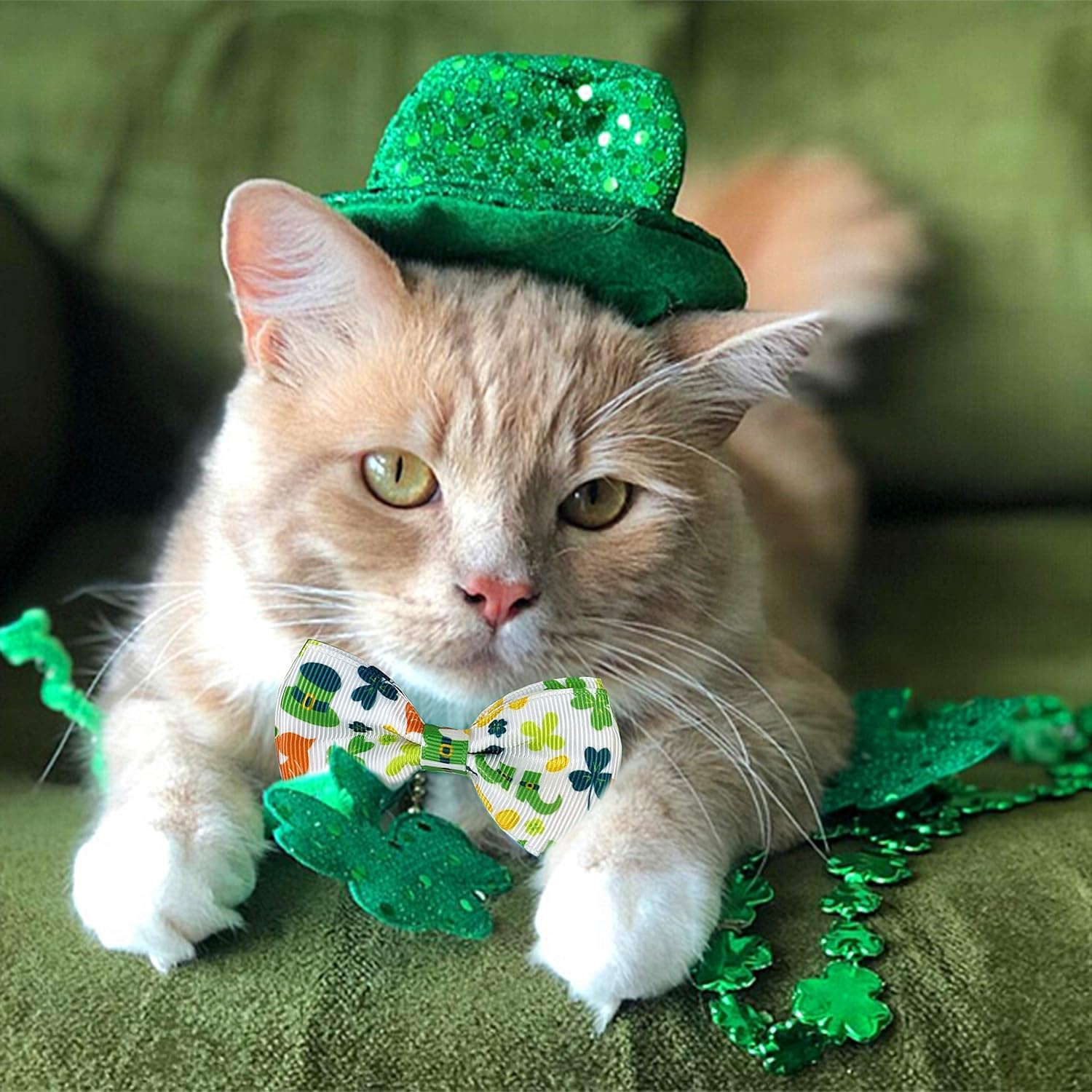 St. Patrick'S Day Cat Collar With Bow Tie And Bell, Adjustable Breakaway Shamrock And Rainbow Kitty Collar, Holiday Accessories
