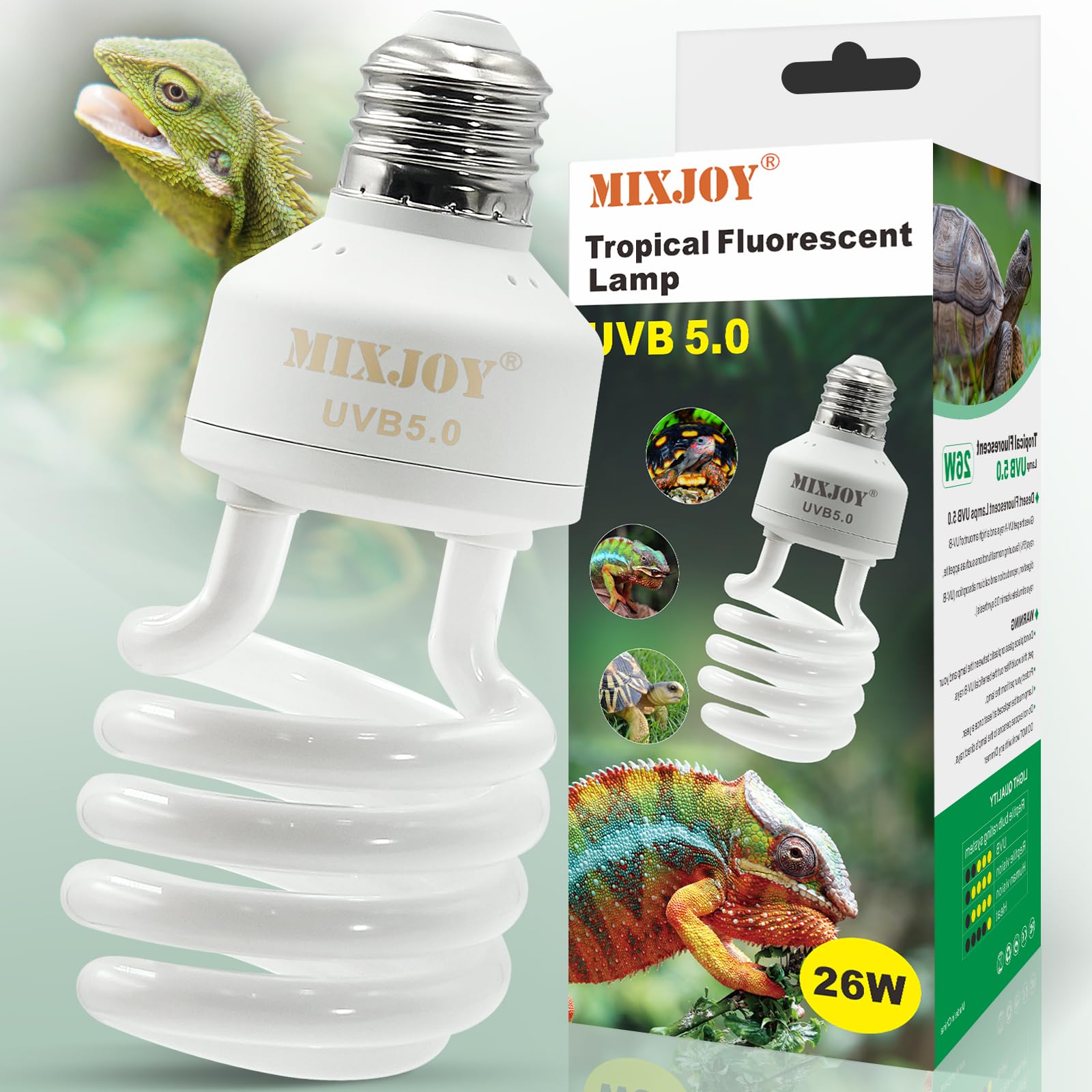 Mixjoy Uvb Bulbs For Reptiles 5.0, 26W Tropical Uva Uvb Light, Compact Fluorescent Uvb Lamp For Reptiles, Uvb Light For Chameleo