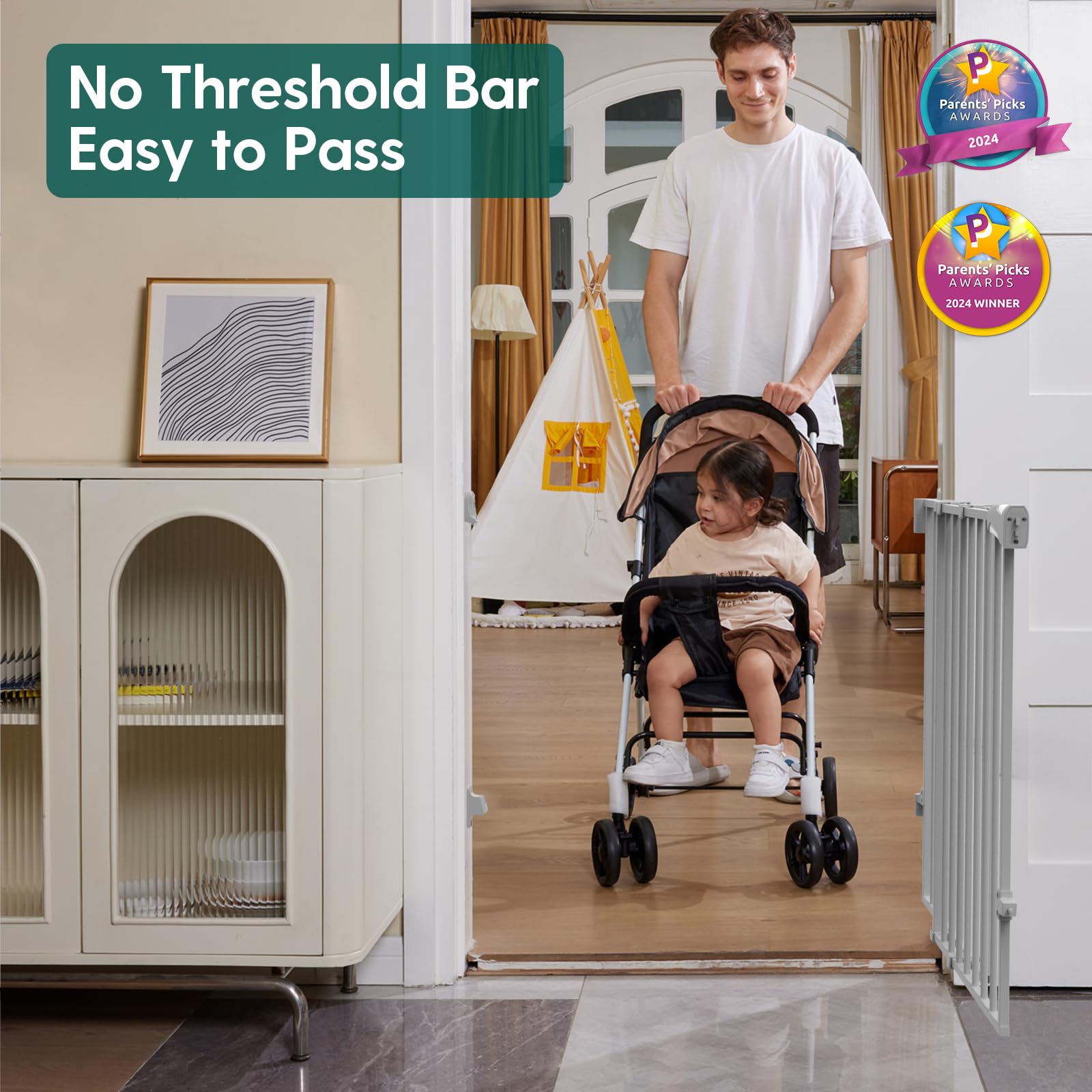 Babelio 34 Extra Tall Baby/Dog Gate with No Threshold Design Walk Thru Door, 26-43 Auto Close Safety Gate for Babies, Elders and