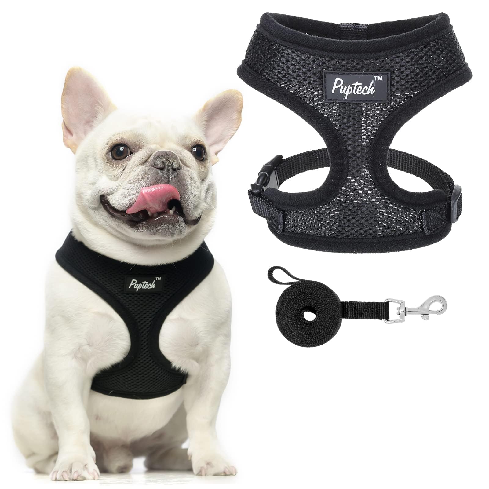 Pupteck Soft Mesh Dog Harness And Leash Set Pet Puppy Cat Comfort Padded Vest No Pull Harnesses, Solid Black, M
