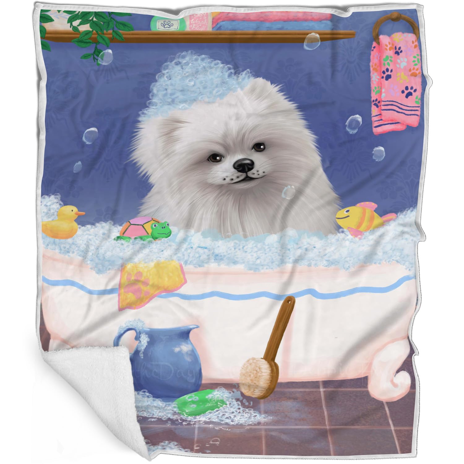 Rub A Dub Dog in A Tub Pomeranian Dog Blanket  Lightweight Soft Cozy and Durable Bed Blanket  Animal Theme Fuzzy Blanket for S