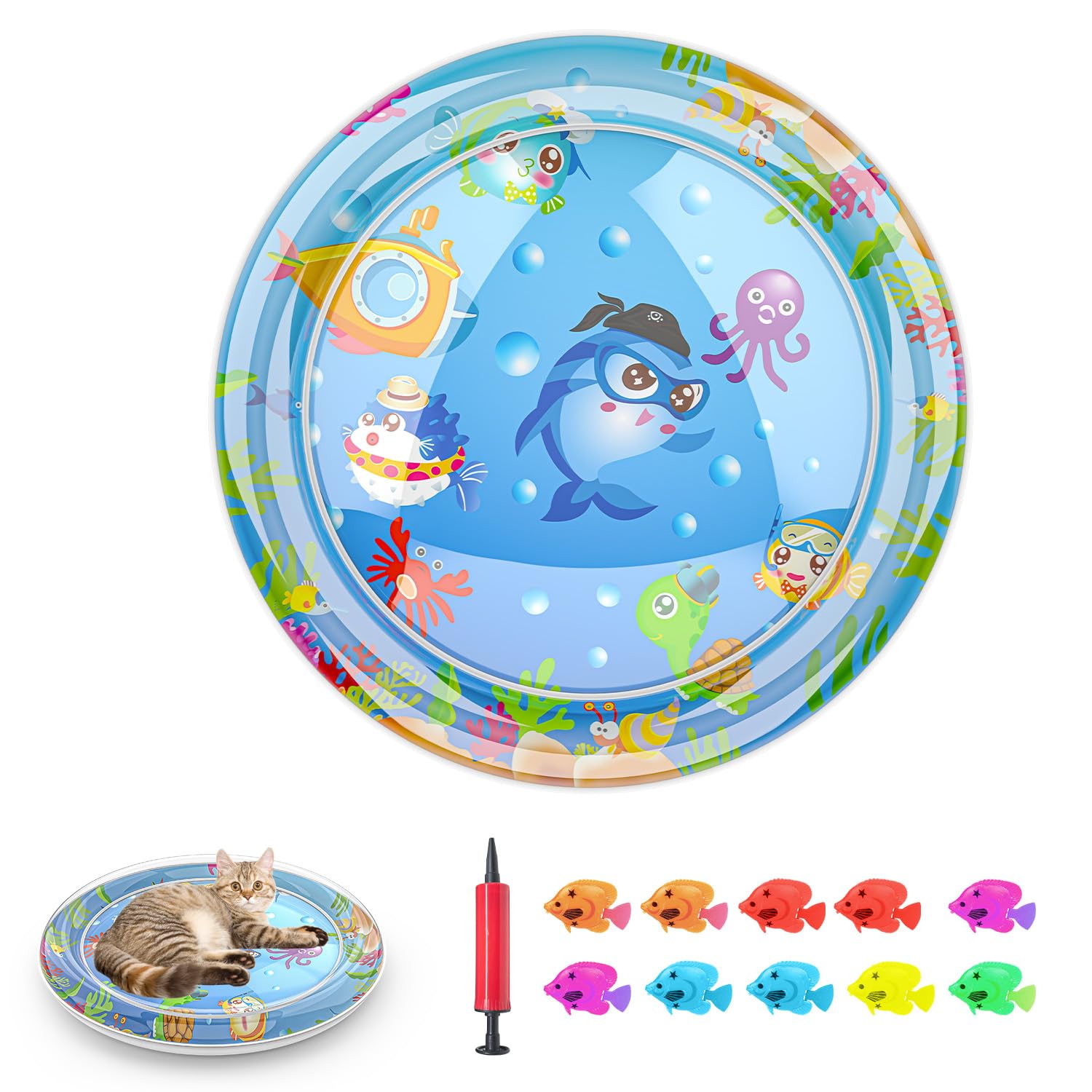 Pet Cooling Water Mat, [2025 Upgraded Two Layers & Thickened] Cat Dog Pad, Ocean Themed Round Sensory, Non-Slip Playmat, Floatin