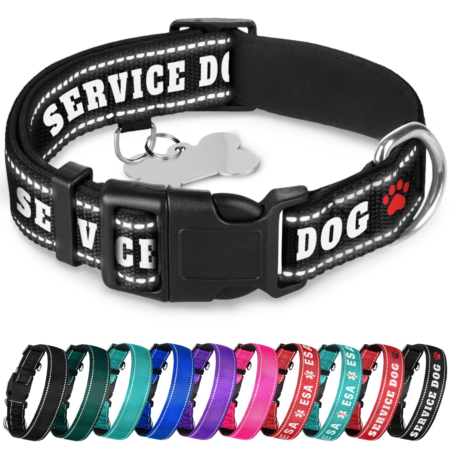 Teceum Reflective Pet Collar - Black - Service Dog - L - Extra Soft Padding - Basic Nylon Dog Collar - Quick Release Buckle - Fi