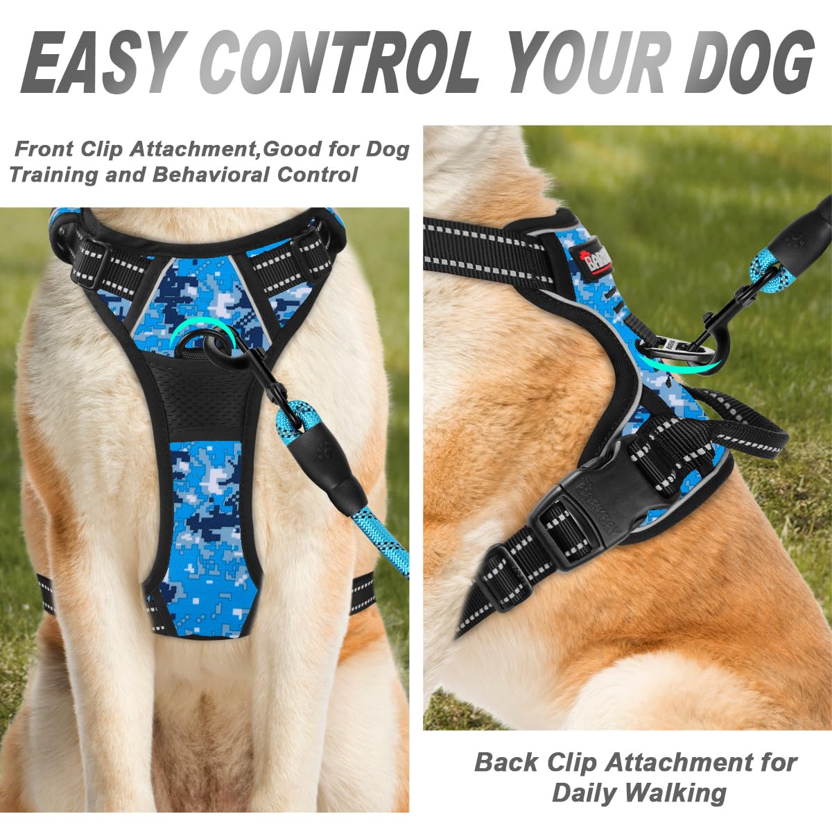 Barkbay No Pull Dog Harness Front Clip Heavy Duty Reflective Easy Control Handle For Large Dog Walking(Blue Camo,S)