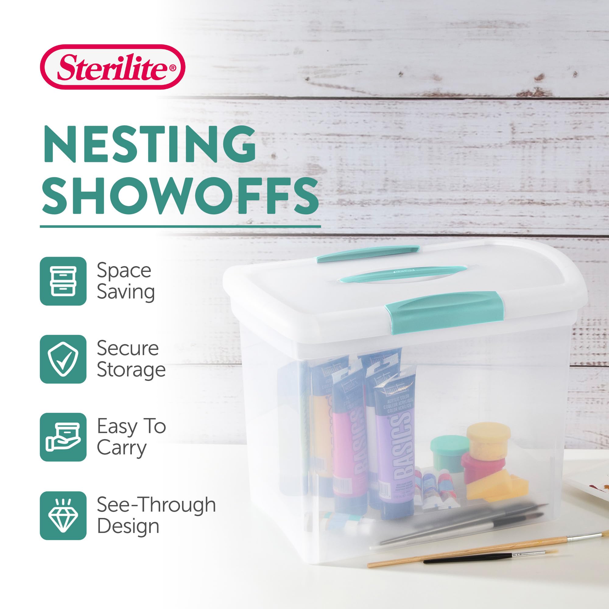 Sterilite Large Nesting ShowOffs - Clear Plastic Storage Bins, Stackable with Latching Lid, 6-Pack, Model 18768606