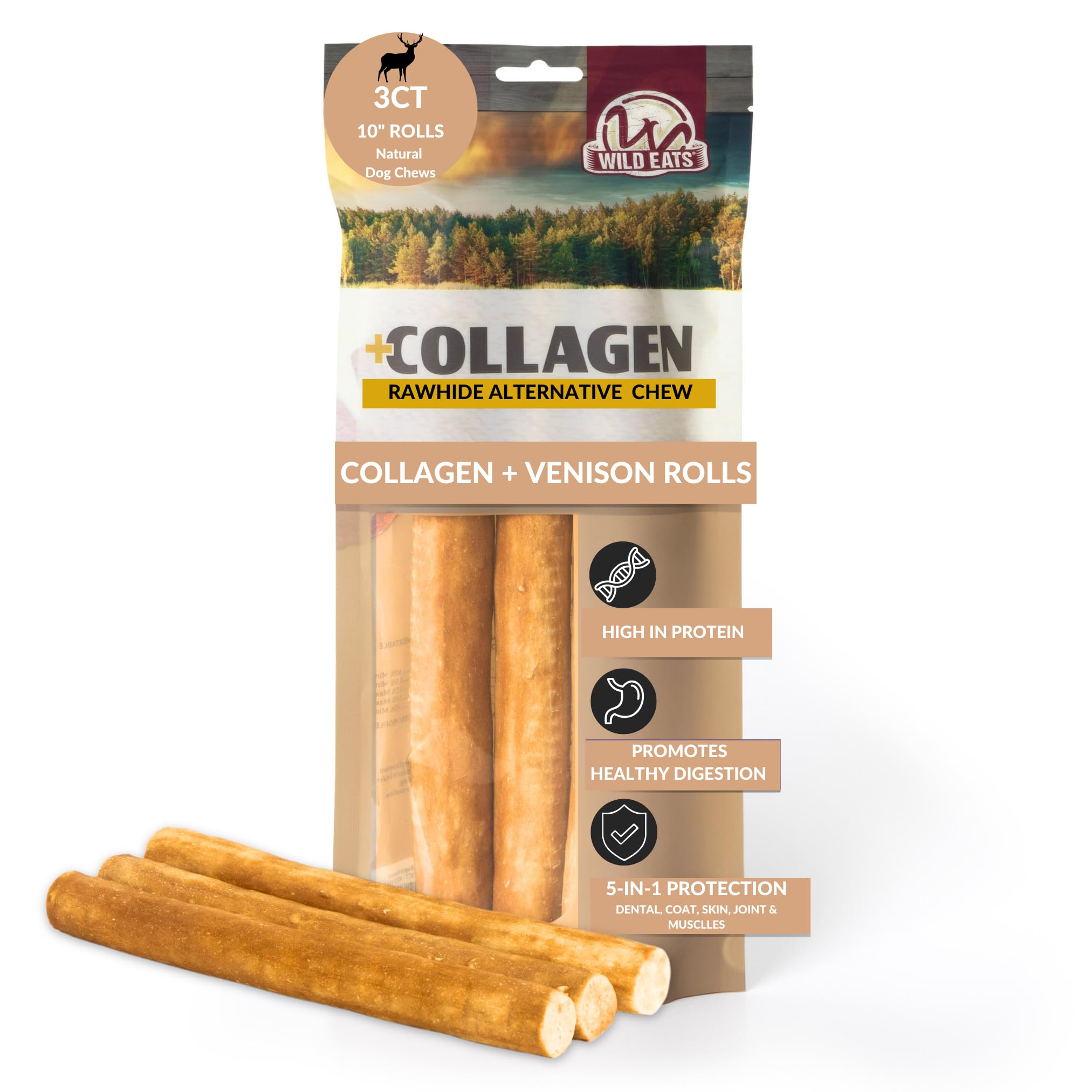 Wild Eats Venison Flavor Collagen Retriever Style Cheek Rolls 10 Dog Chews-3 Pack (Long Lasting Dog Chews Treats & Bones for Med