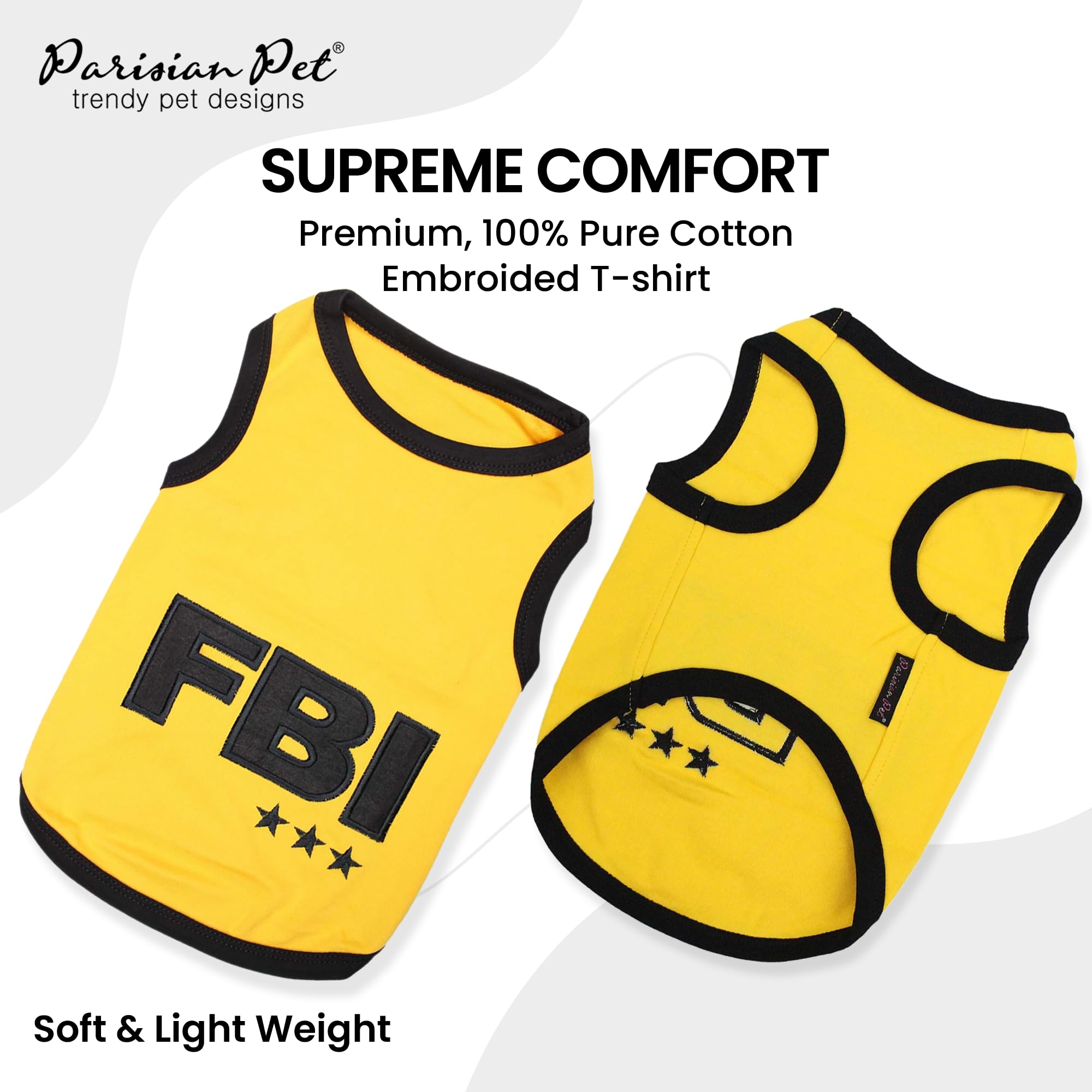 Parisian Pet Dog T-Shirt - Embroidered Fbi Shirt - 100% Cotton, Breathable Dog Clothes - Sleeveless Pet Vest - Machine Washable Yellow Dog Shirts For Small Dogs - Xxs