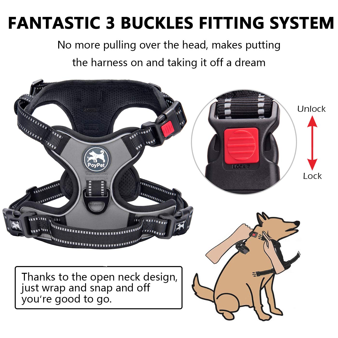 Poypet No Pull Dog Harness, No Choke Front Lead Dog Reflective Harness, Adjustable Soft Padded Pet Vest With Easy Control Handle For Small To Large Dogs(Grey,Xs)