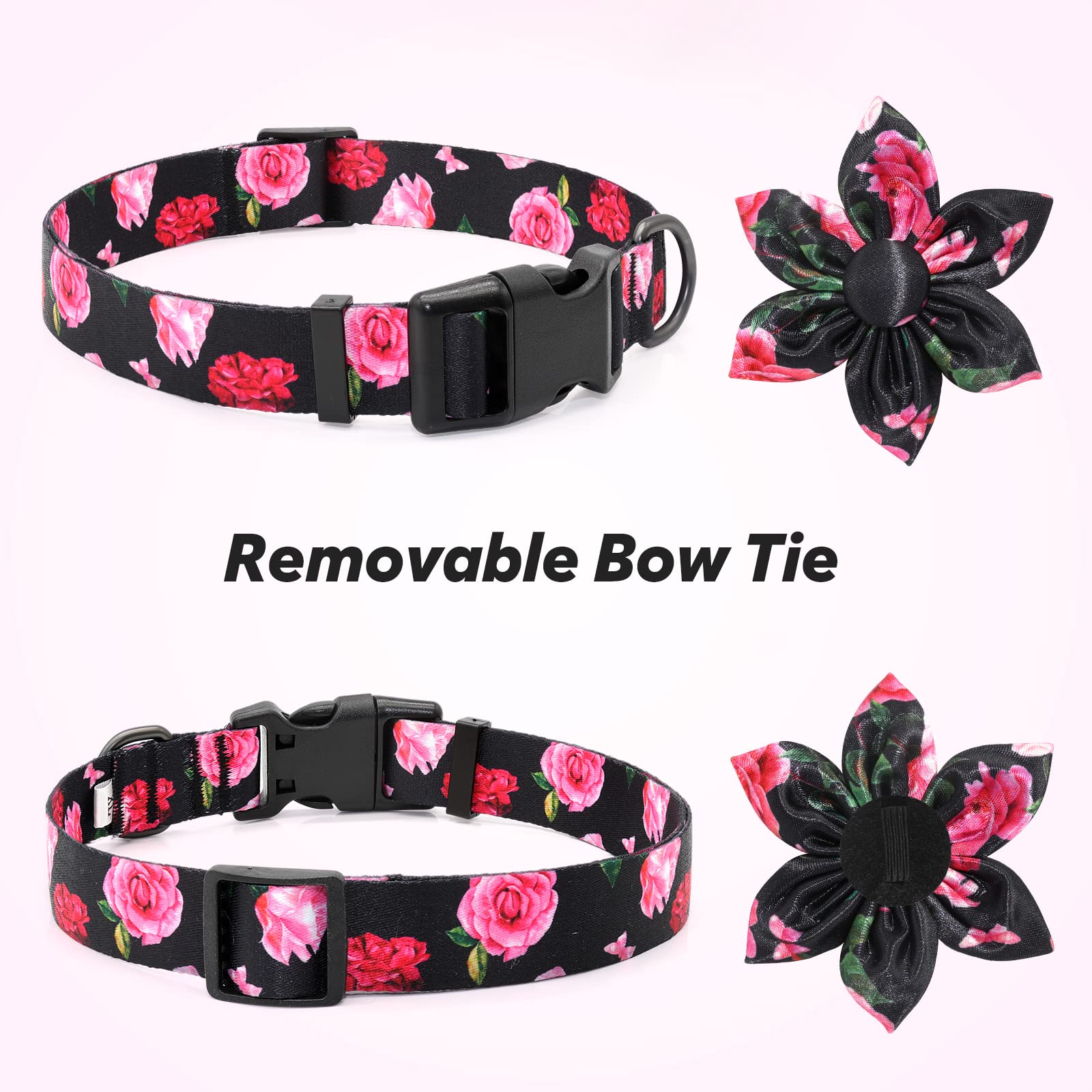 Dog Collar Floral Girl Pink Dog Collar With Rose Flower Bow Tie Dog Collar For Cute Female Cats Dogs Spring Summer Season Dog Collar For Small Medium Large Dogs For Your Furbaby