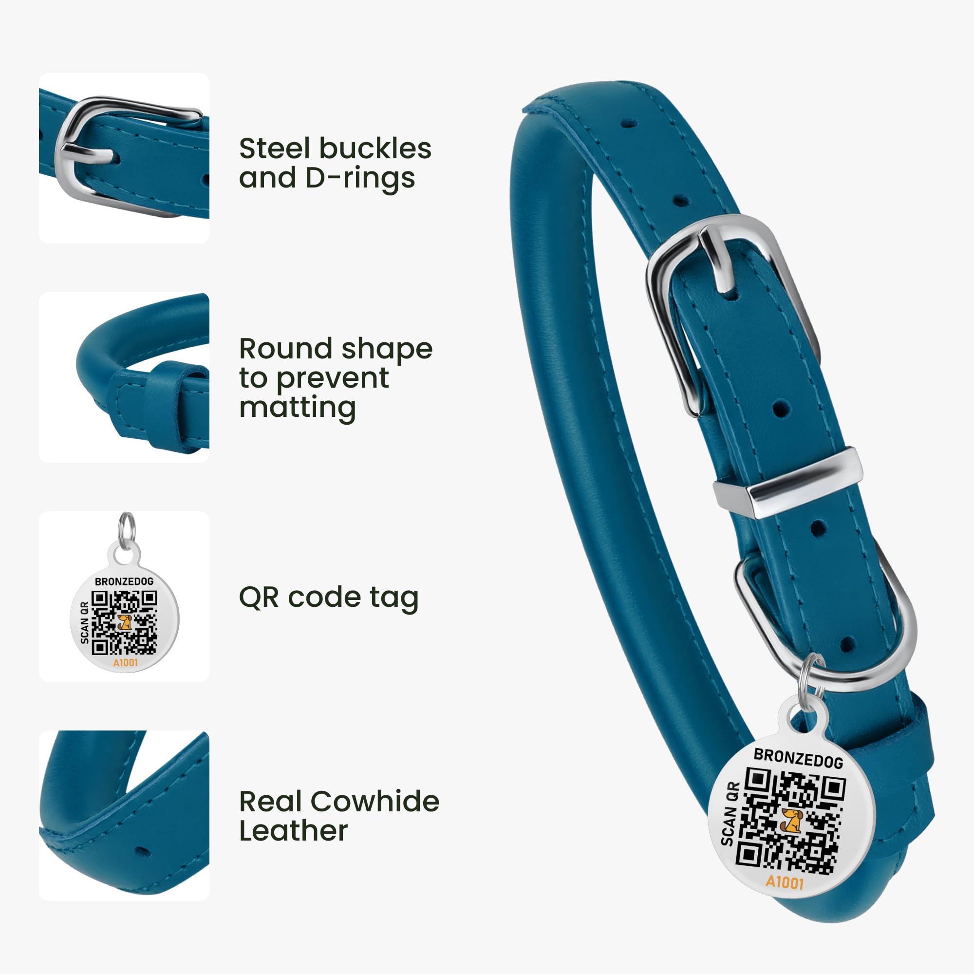 Bronzedog Rolled Leather Dog Collar For Small Medium Large Dogs With Qr Id Tag (L: 16-18 Inch, Ocean Blue)