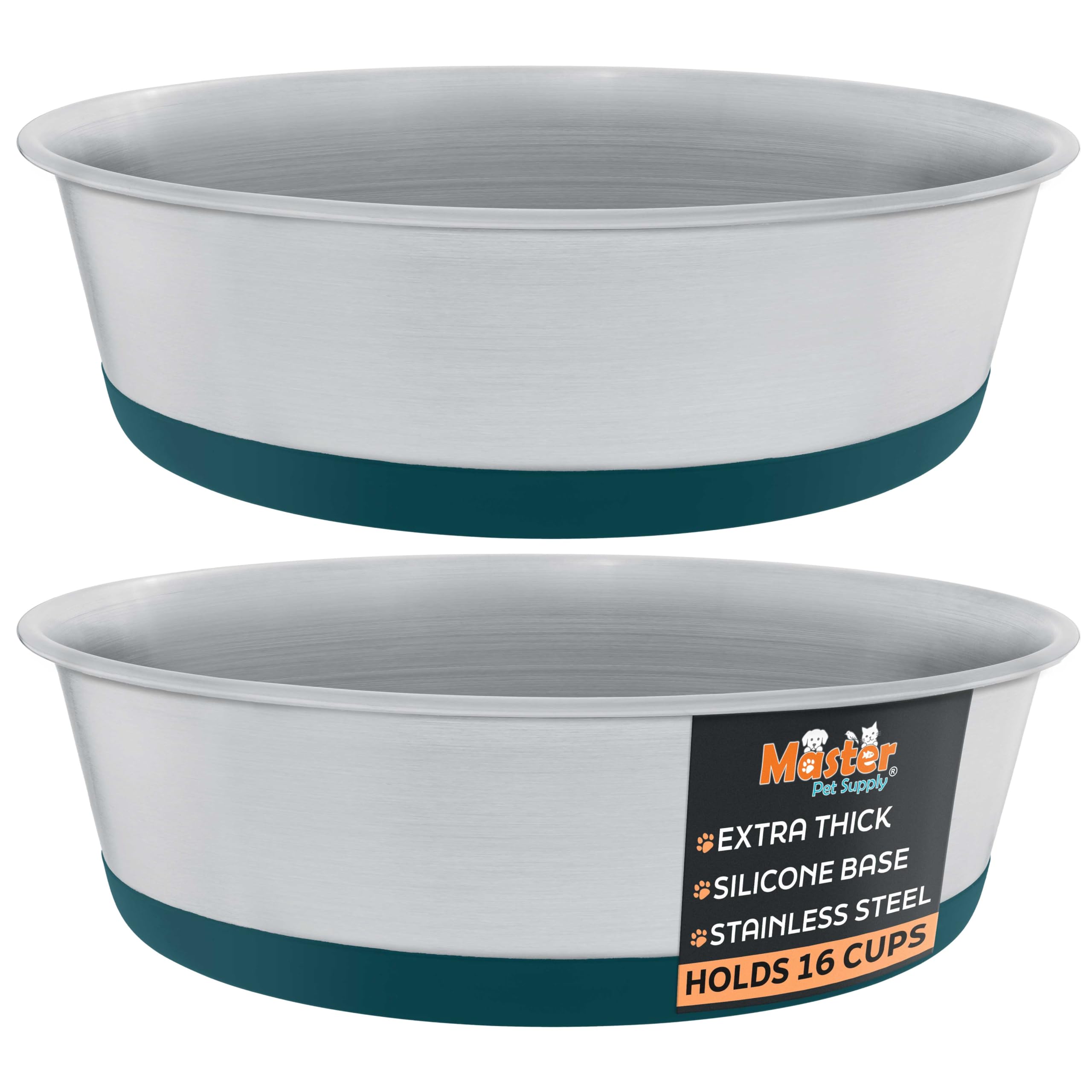 Master Pet Supply Stainless Steel Dog Bowls Set of 2 with Extra Thick Silicone Base - 16 Cup (128 oz) Emerald Sea, Non-Slip, Dis