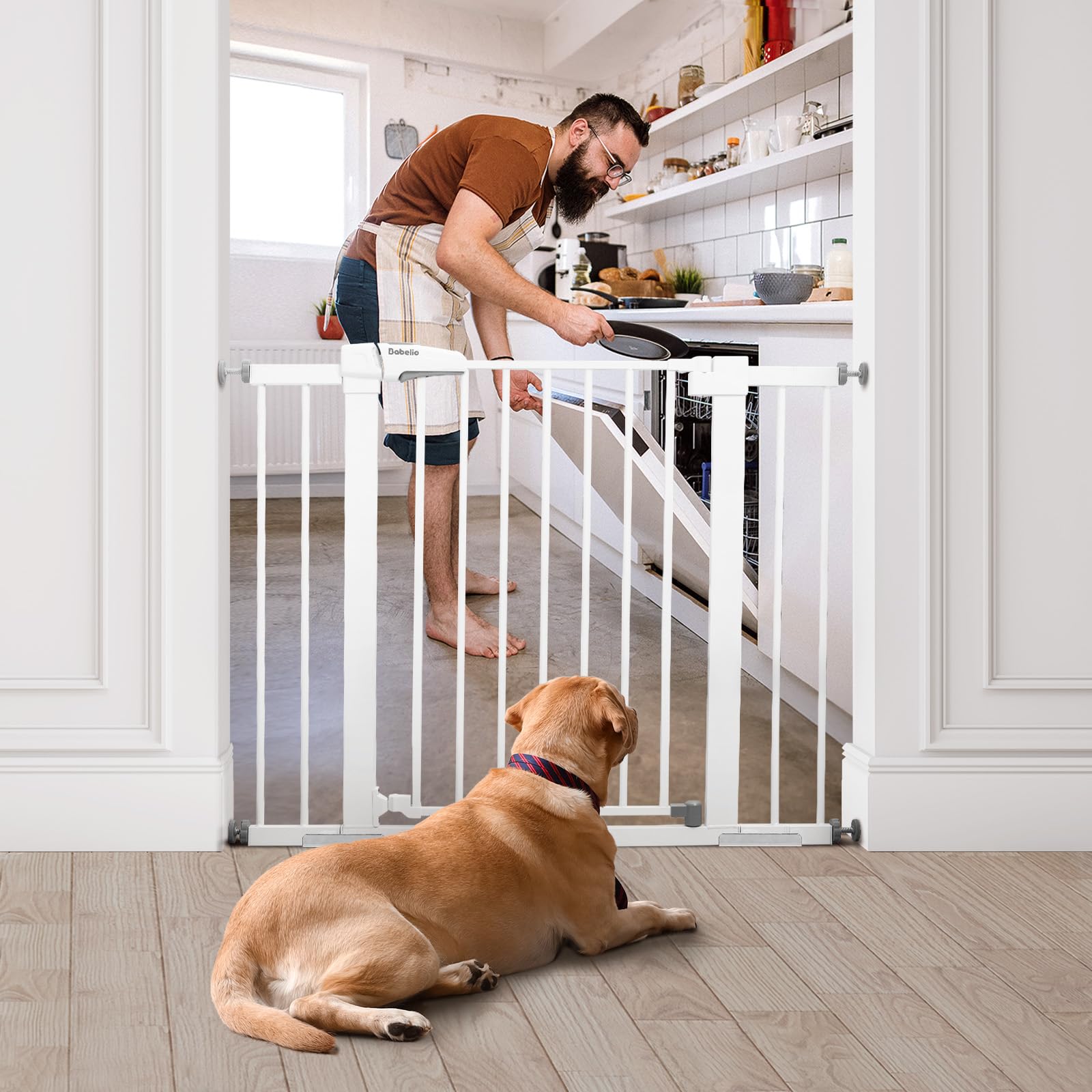 Babelio Metal Baby Gate, 29-43' Auto Close Easy Install Pet Gate, Extra Wide Walk Thru Child Safety Gate, 30' Tall Pressure Mounted Dog Gate For Doorways & Stairs, White