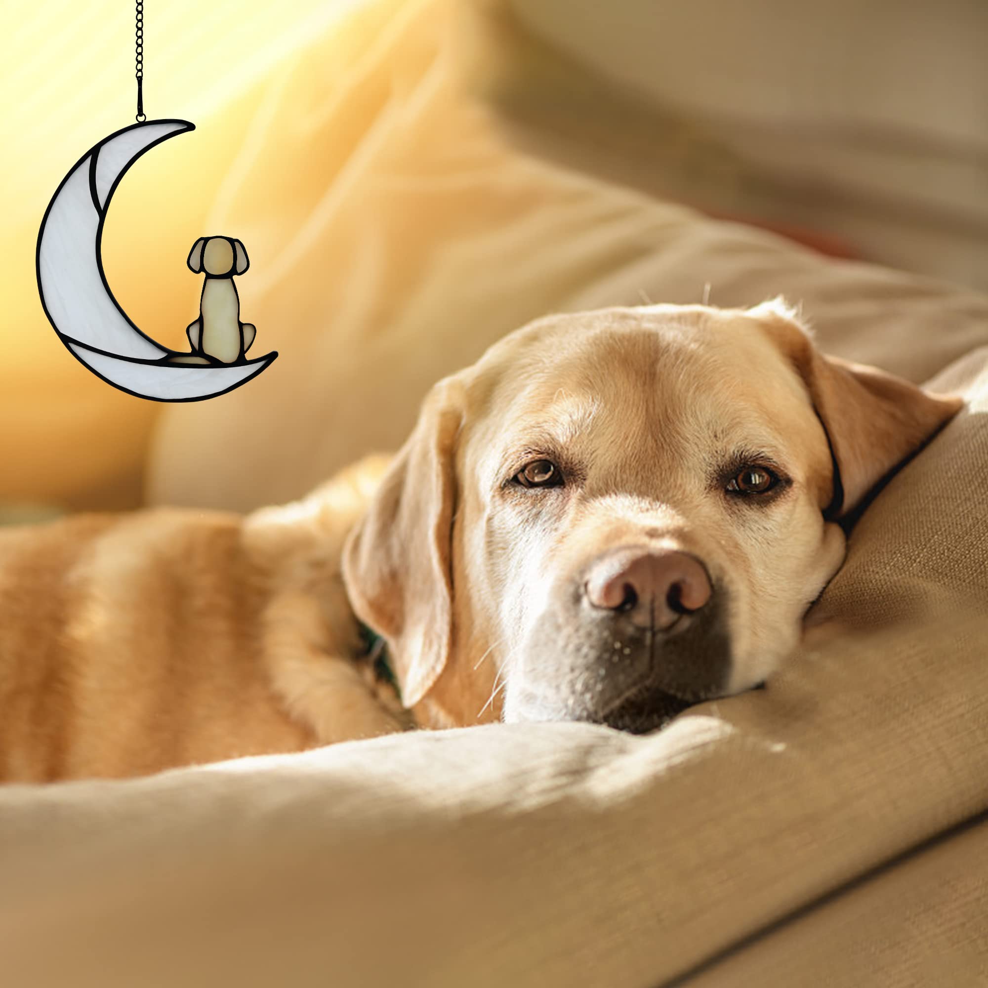 Boxcasa Loss Of Dog Sympathy Gift,Stained Glass Dog On Moon For Suncatcher Gifts,Yellow Dog Memorial Gifts For Pet Loss Gifts,Pe