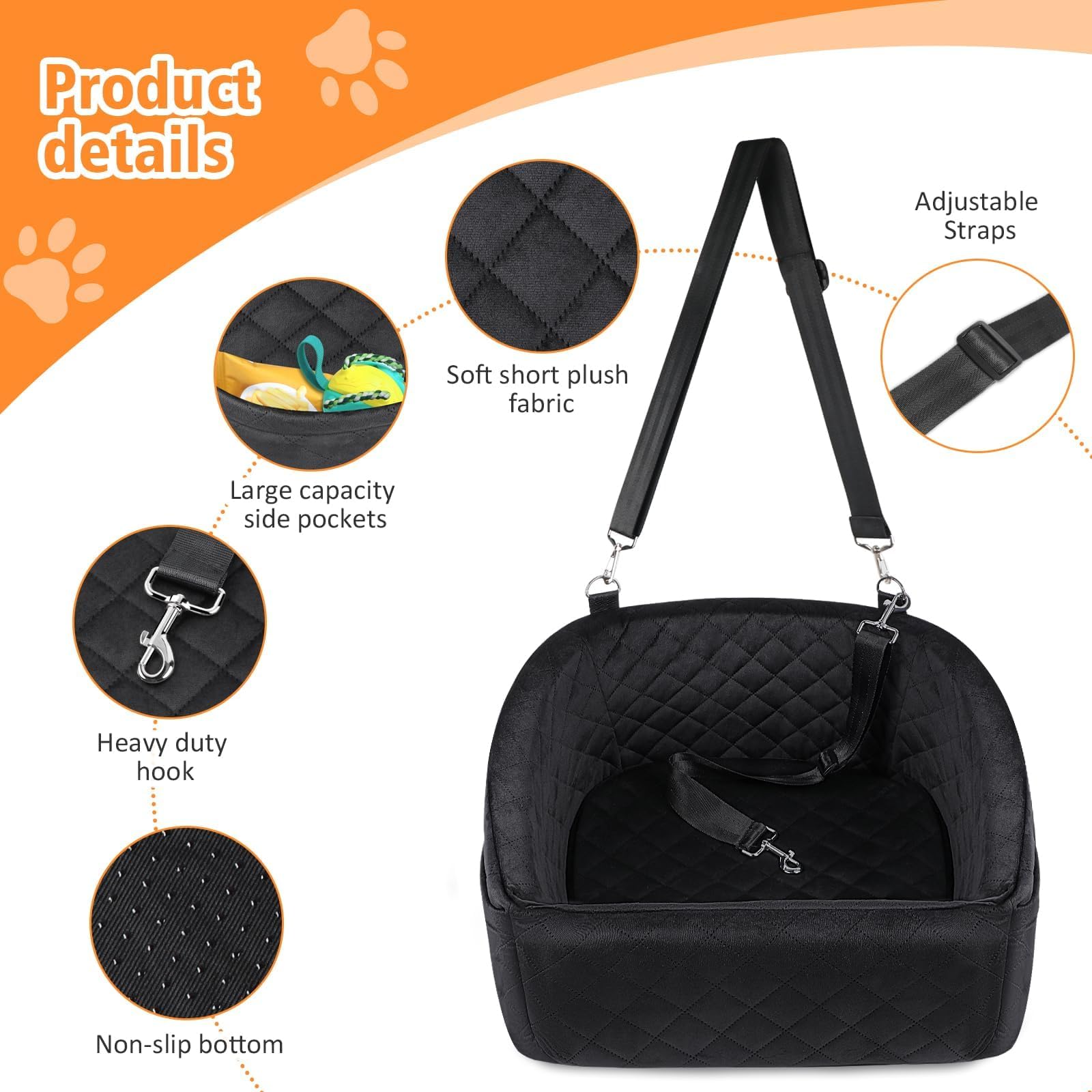 Neezukar Dog Car Seat For Small Medium Dogs,Detachable Washable Dog Booster Seat Under 30Lbs, Pet Car Seat Travel Bed With Storage Pockets And Dog Safety Belt (Black)