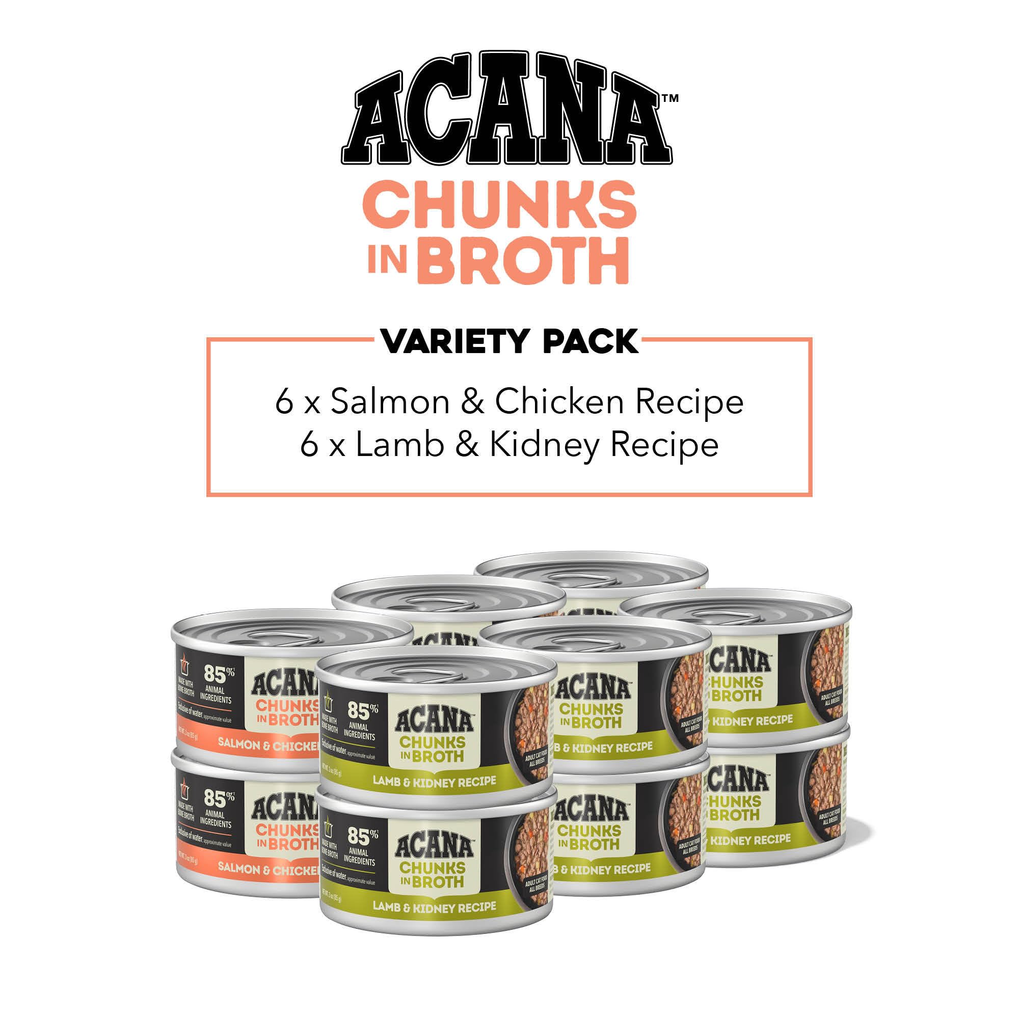 ACANA Chunks in Broth Wet Cat Food Variety Pack: Salmon & Chicken + Lamb & Kidney Recipes 3oz Cans (12 Count, 6 of Each)