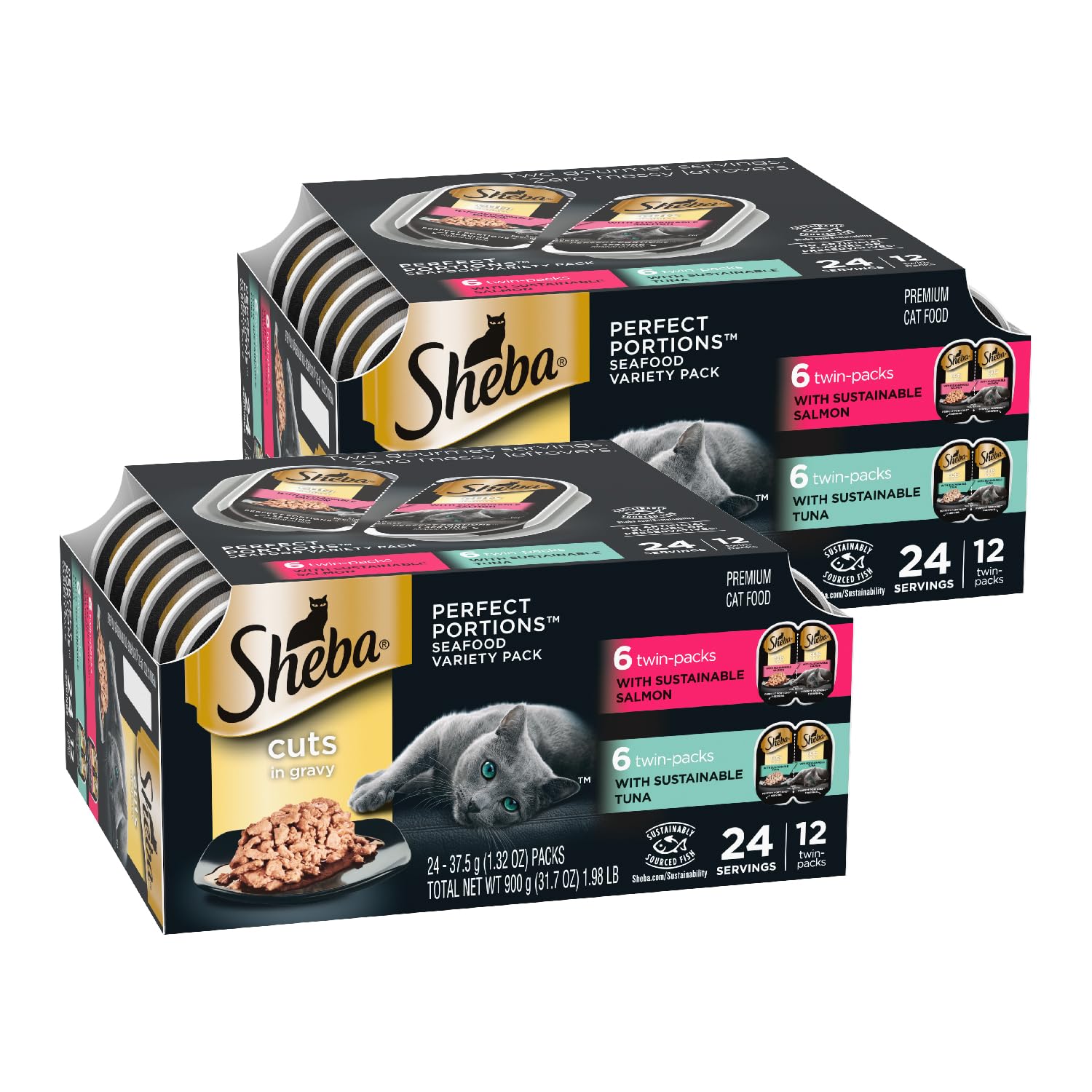 Sheba Perfect Portions Wet Cat Food Cuts in Gravy Variety Pack, with Sustainable Tuna, and with Sustainable Salmon, 2.6 oz., Twi