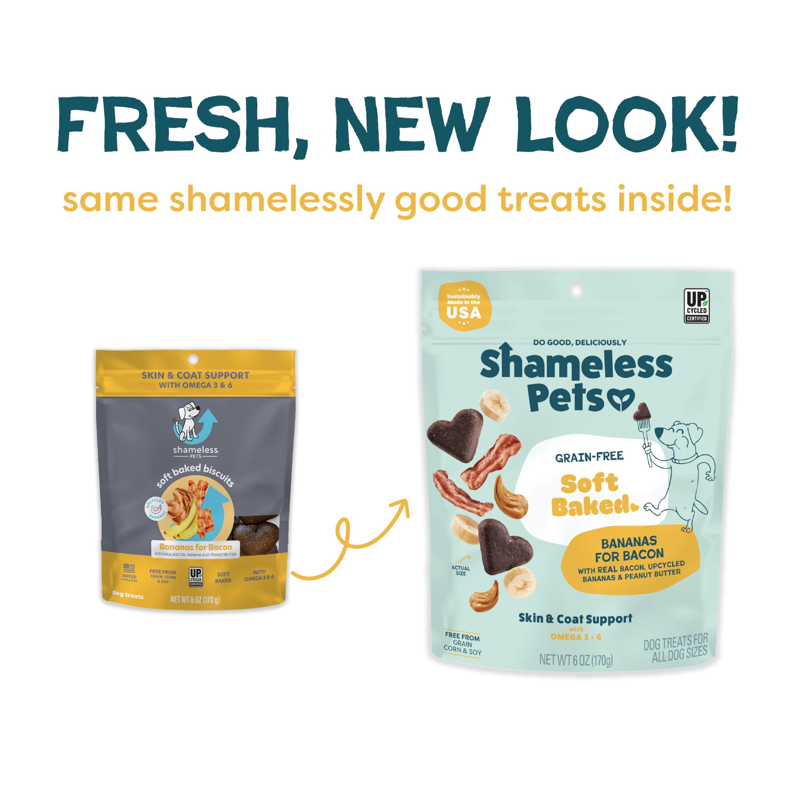 Shameless Pets Soft-Baked Dog Treats, 6oz Bananas for Bacon, Grain-Free Chews for Skin & Coat Support, Made in USA, Yellow