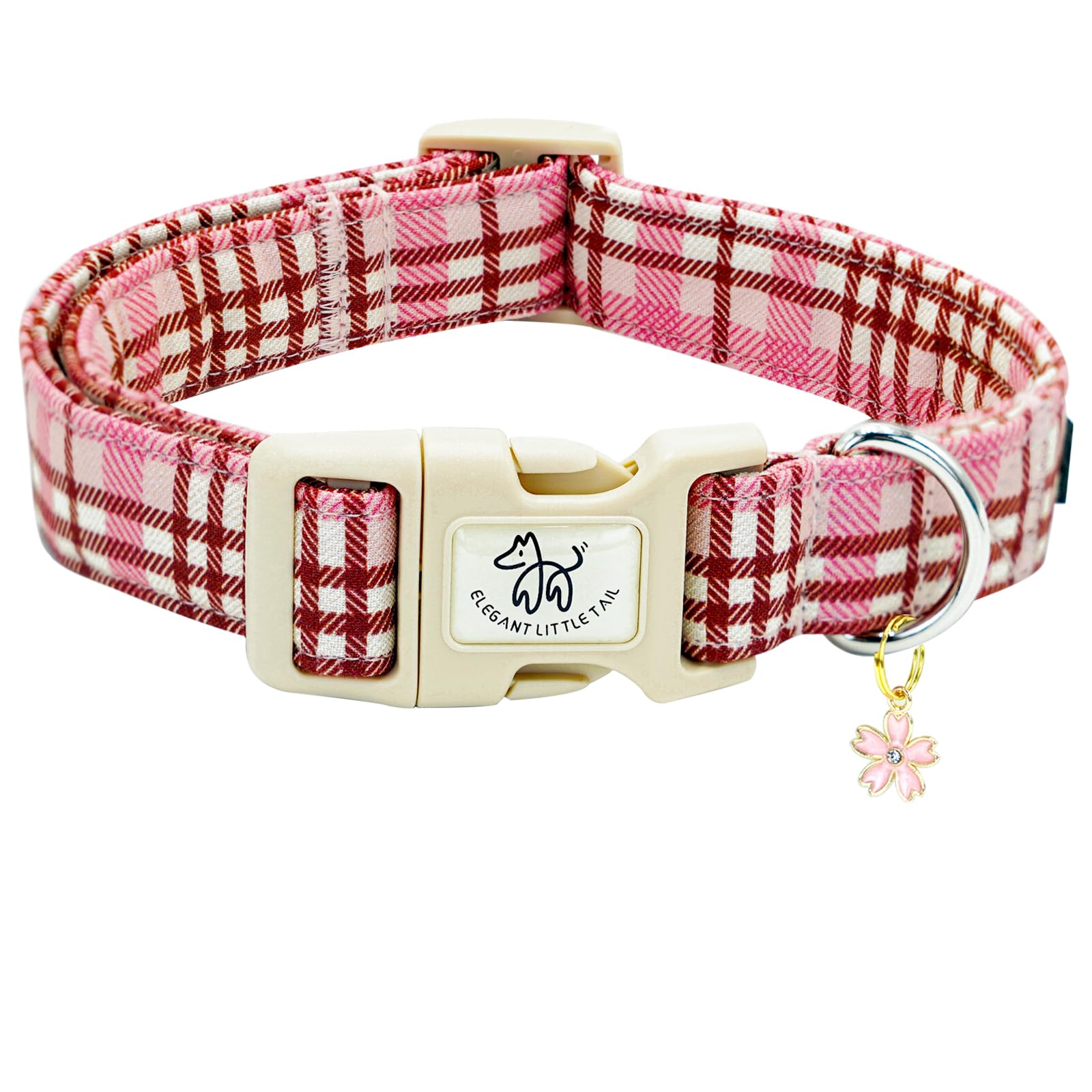 Elegant Little Tail Dog Collar-Cute Dog Pet Collars Pink Plaid Print Puppy Adjustable Soft Cotton Girl Boy Collars For Small Med
