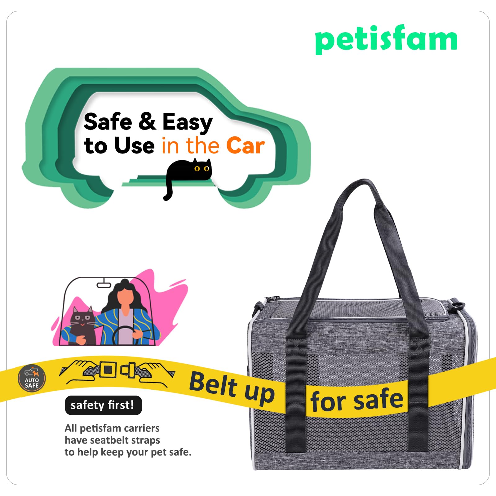 petisfam Soft Pet Carrier Bag for Cats & Puppies, Grey, 17"x12"x12", Lightweight Nylon, Model PC20M, Sturdy & Comfortable