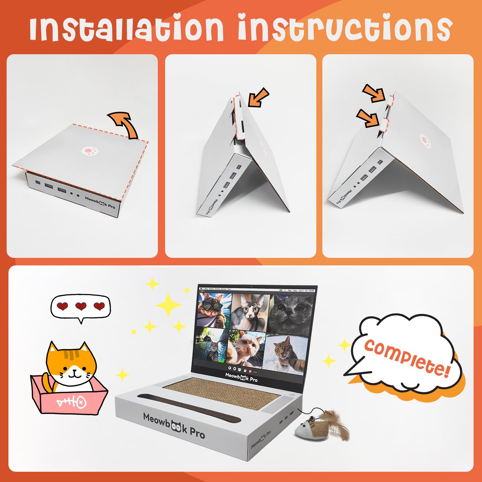 Aiweiluck 2Pcs Cat Scratcher Laptop With 'Mouse' Jingle Ball, Stickers, 3-In-1 Cardboard Cat Interactive Toy, Kitten Toy & Cat S