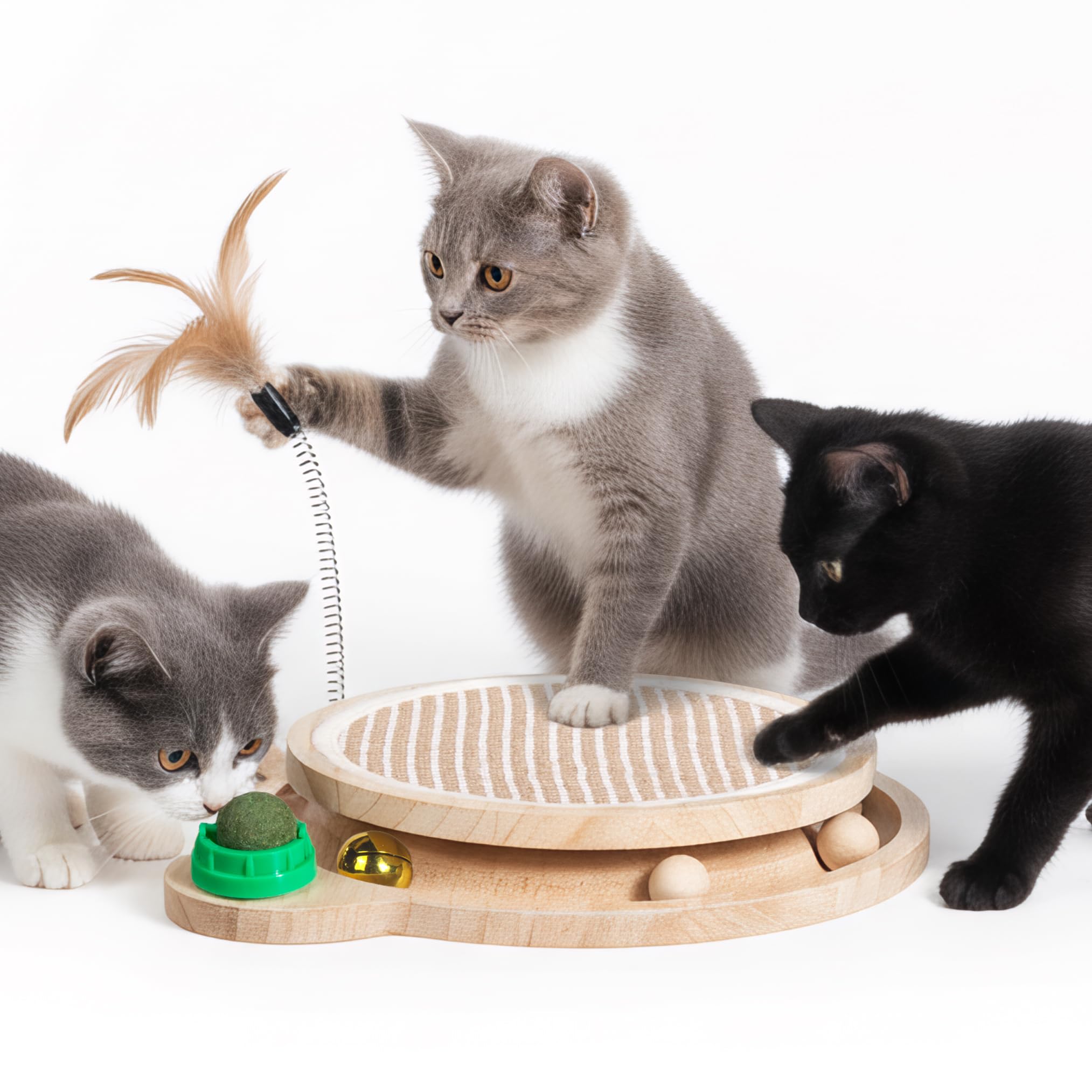 Fantasreen Wooden Cat Toy with Sisal Scratching Pad, Bell Wood Ball, Large Catnip Ball, Spring Feather Toy, Interactive Scratch 