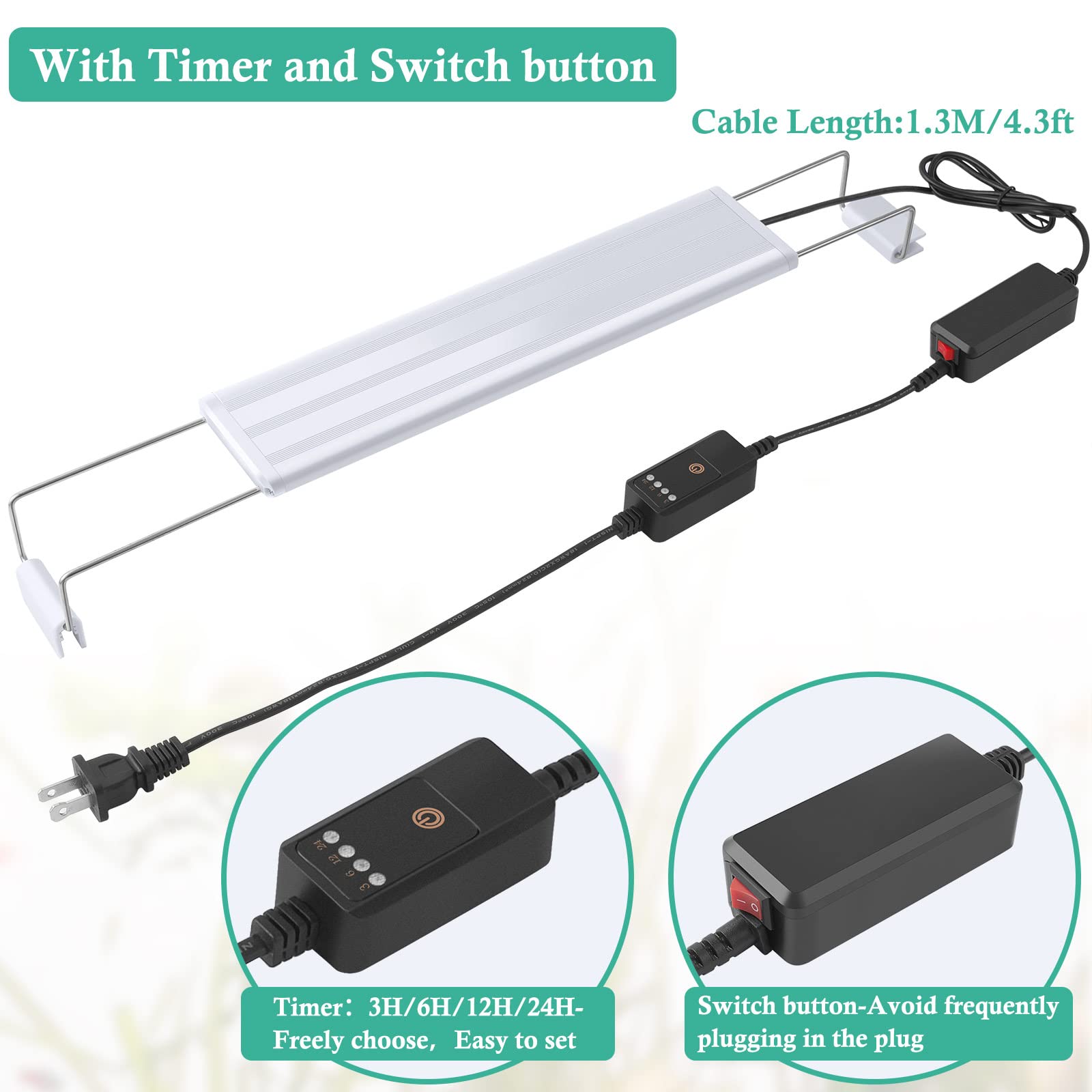 Hitop Full Spectrum Led Aquarium Light - 16-24” Classic Fish Tank Light With Timer, Aquarium Plant Light With Stable Extendable Brackets (16-24In)