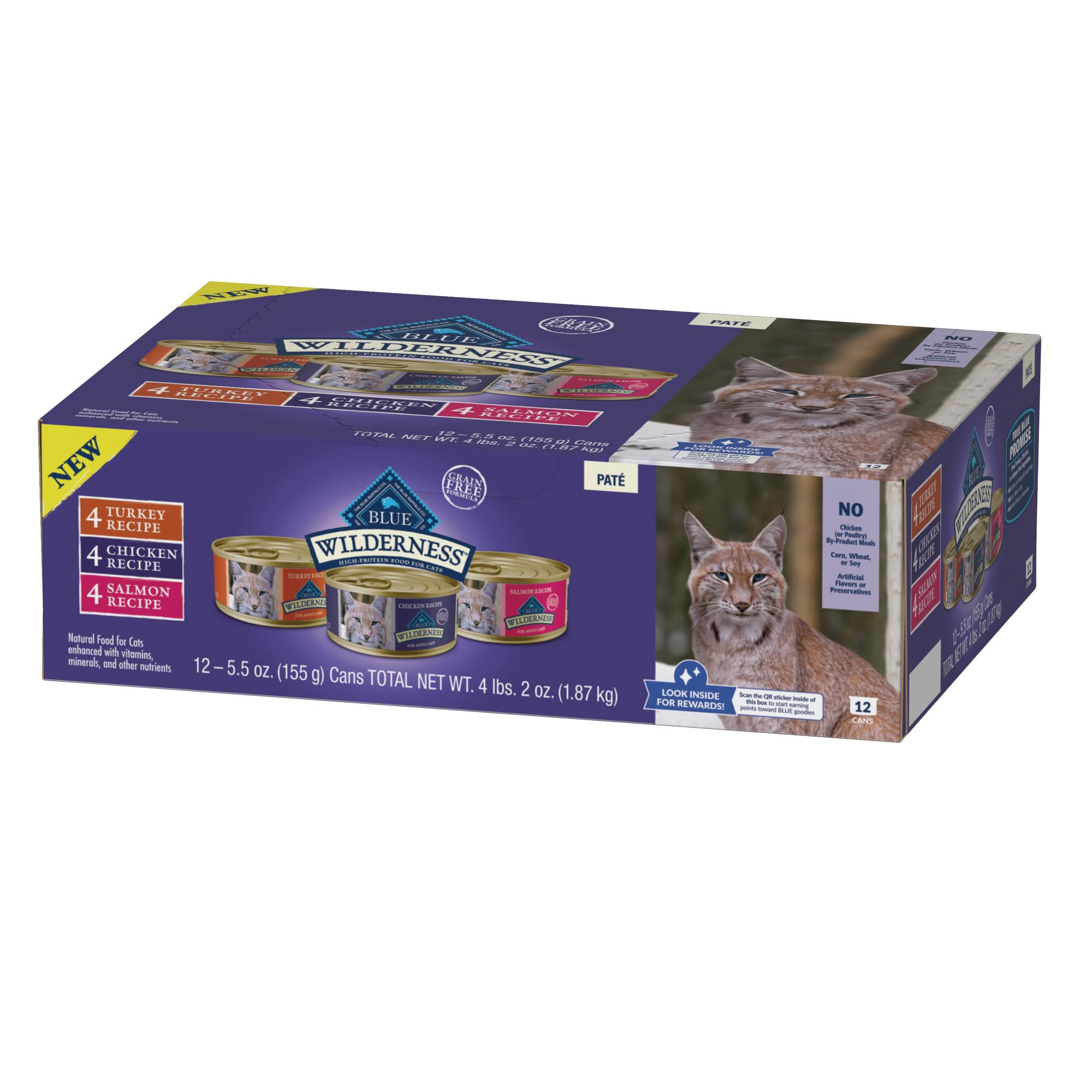 Blue Buffalo Wilderness High Protein, Natural Adult Pate Wet Cat Food Variety Pack, Chicken, Salmon, Turkey 5.5-oz can (12 count