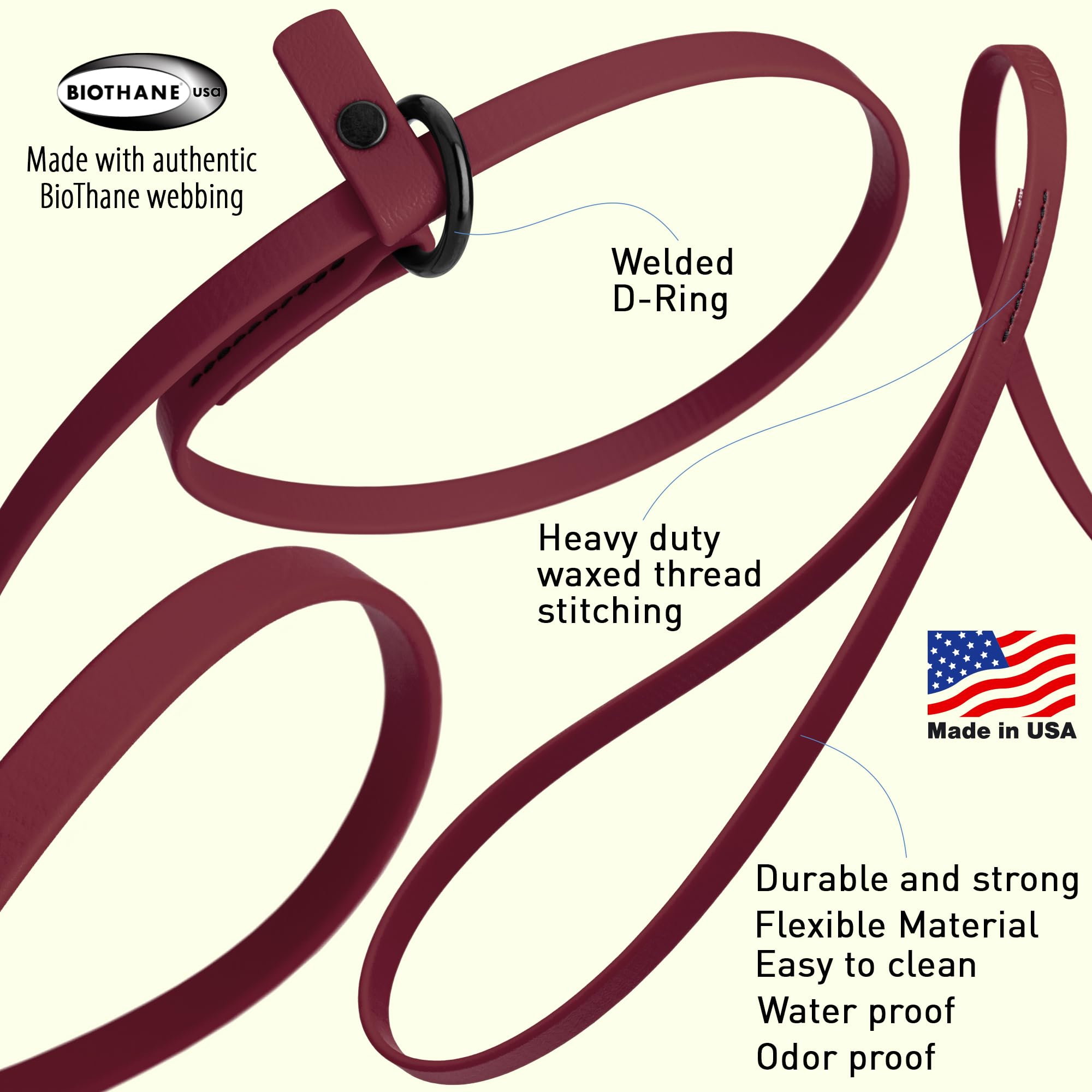 Dogline Biothane Slip Dog Leash - For Small, Medium And Large Dogs - Odor Free Slip Lead, Heavy Duty And Durable Material Kennel Lead - Merlot Burgundy - 5Ft L X 3/8In W