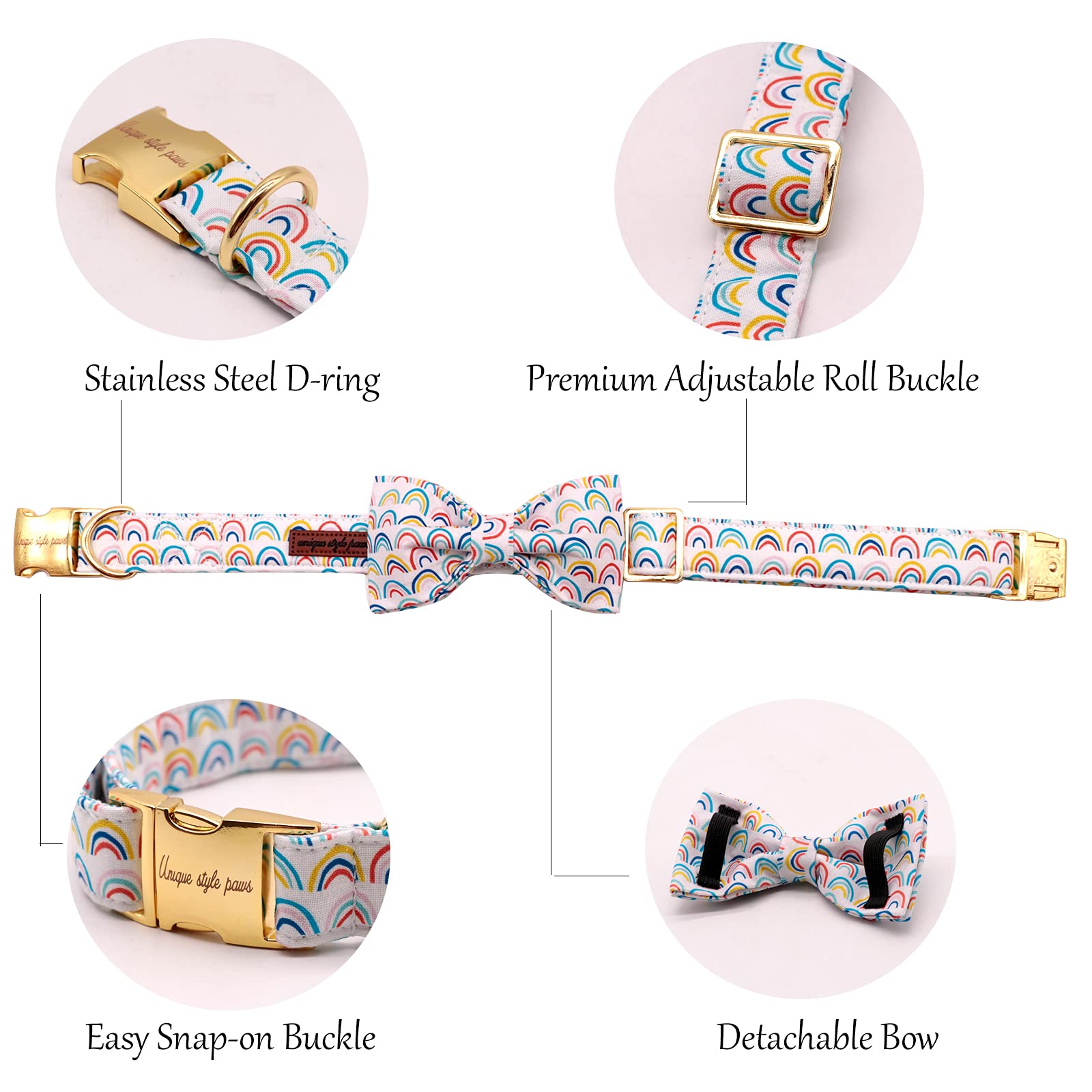 Unique Style Paws Rainbow Colorful Dog Collar With Bow Pet Gift Adjustable Soft And Comfy Bowtie Collars For Small Medium Large
